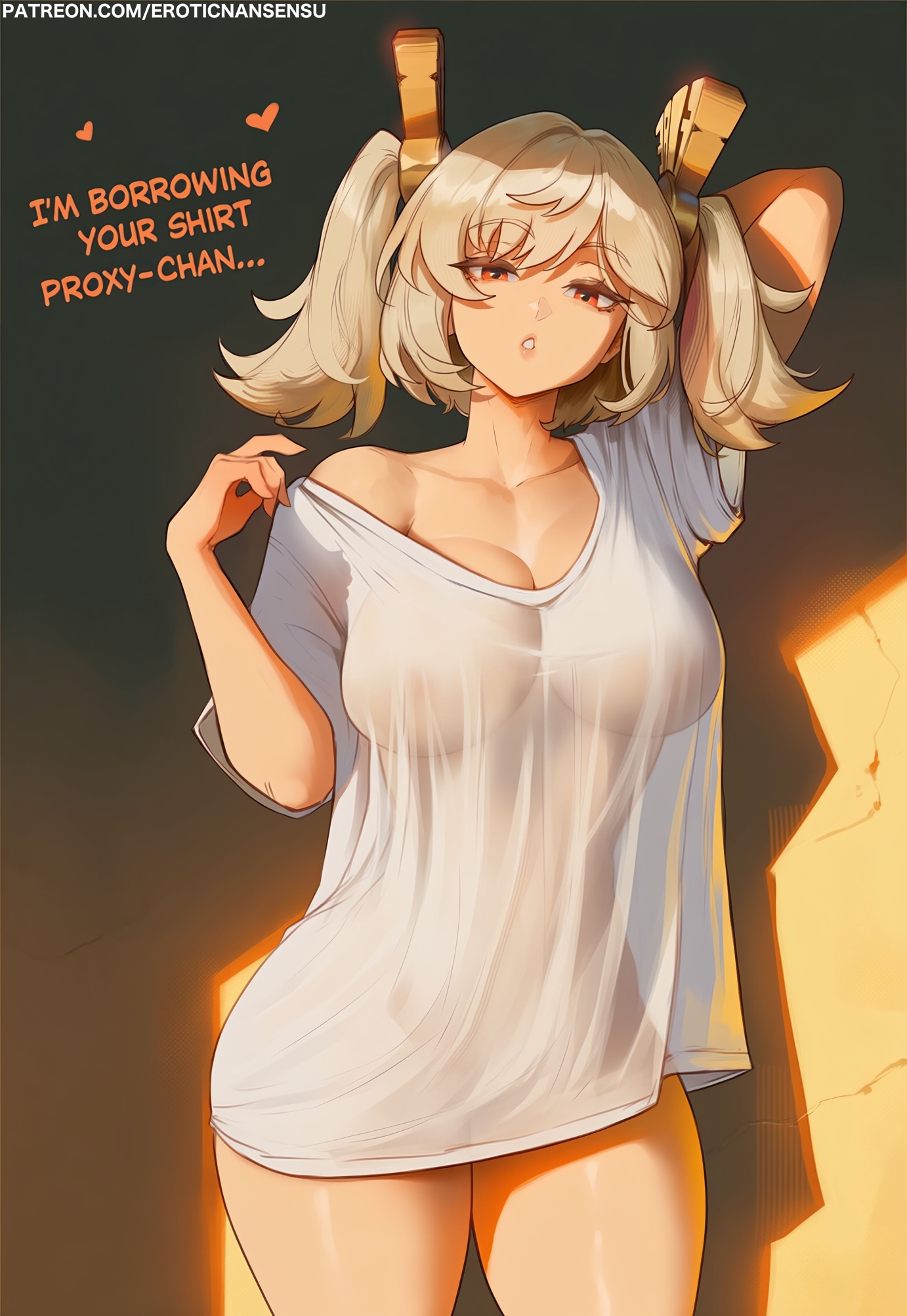 1girls, 2d, ai assisted, ai generated, blowjob, bottomless, breasts, burnice white, digital drawing (artwork), english text, erotic nansensu, female, female focus, female only, large breasts, light skin, light-skinned female, looking at viewer, loose clothes, naked shirt, oversized clothes, patreon username, see-through, see-through clothing, shirt only, solo, thick thighs, thighs, twintails, watermark, wide hips, zenless zone zero
