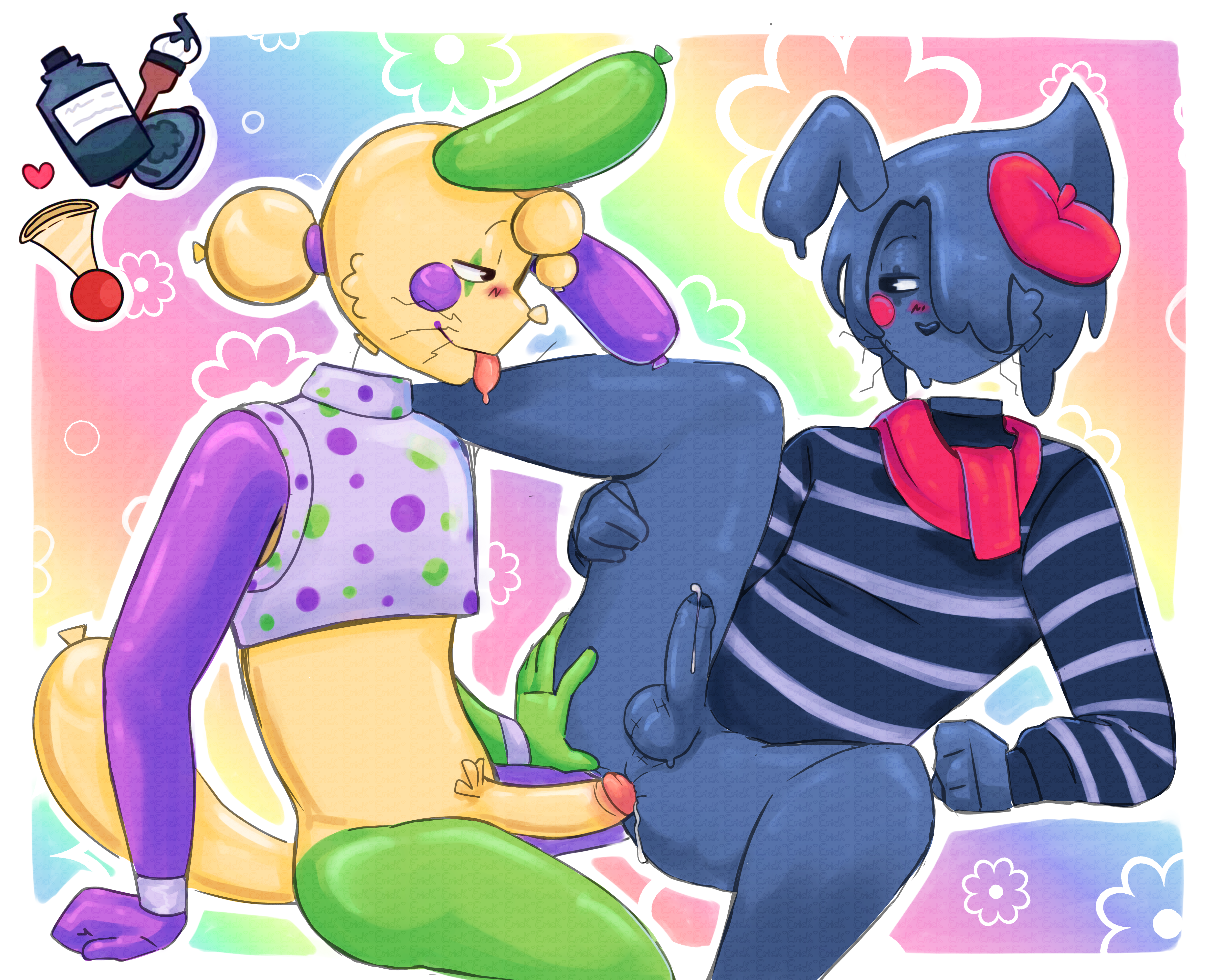 2boys, alexito dts, anal, anal sex, anthro on anthro, balloon, balls, big balls, big penis, blot (dandy's world), bunny ears, clothed, clothed sex, dandy's world, dandys world, dominant male, furry, furry male, gay, gay male, gay sex, ink, leaking cum, looey (dandy's world), looking at another, male, no humans, non-human, penis, precum, roblox, roblox game, simple background, submissive male, tongue out