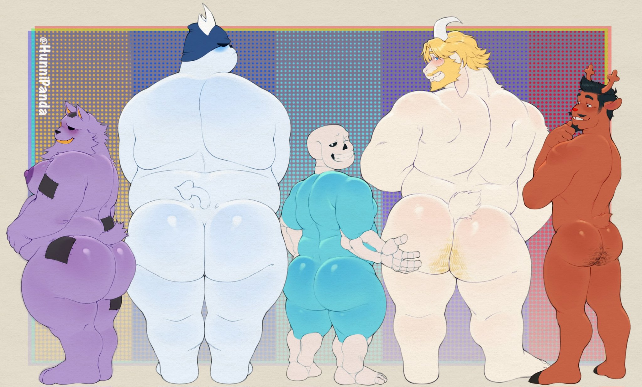 5boys, anthro, asgore dreemurr, ass, ass focus, ass grab, back view, big ass, big ass (male), big butt, blue body, blue eyes, blush, blushing at viewer, bubble butt, chubby, chubby male, completely nude, crown, daddy, deer, deltarune, embarrassed, embarrassed nude male, erect nipples, facial, facial hair, fat, fat ass, felid, feline, gay, gay male, hair, hairy ass, hi res, horns, huge ass, huge butt, humanoid, hunnipanda, interspecies, king spade, looking at another, looking at viewer, male, male focus, male only, male/male, multiple boys, multiple males, naked, naked male, nipples, nude, nude anthro, nude male, patches, purple nipples, red body, red fur, round ass, rudolph holiday, sans, seam (deltarune), short tail, skeleton, standing, tail, thick ass, thick thighs, thighhighs, thighs, undertale, undertale23074, video games, white fur, yaoi, yellow hair