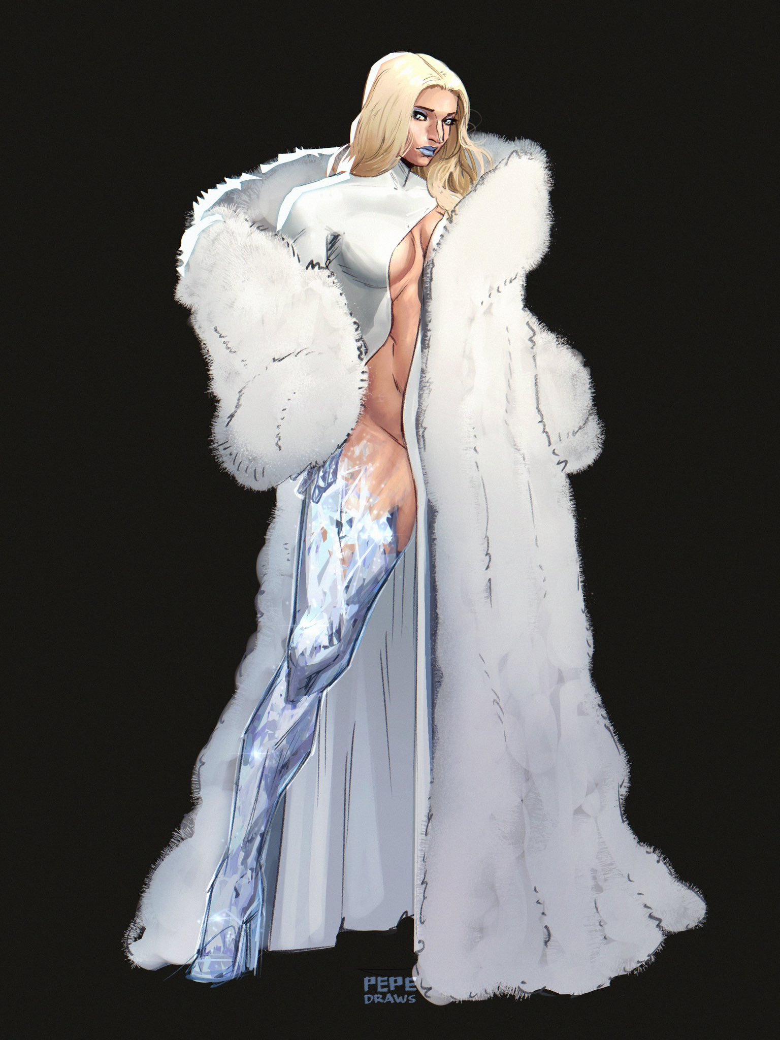 1girls, artist name, barely clothed, blonde hair, blue eyes, blue lipstick, breasts, busty, diamond, diamond form, emma frost, emma frost (diamond form), female, fur coat, high heels, legs, light skin, light-skinned female, marvel, marvel comics, mutant, pepedraws, revealing clothes, x-men