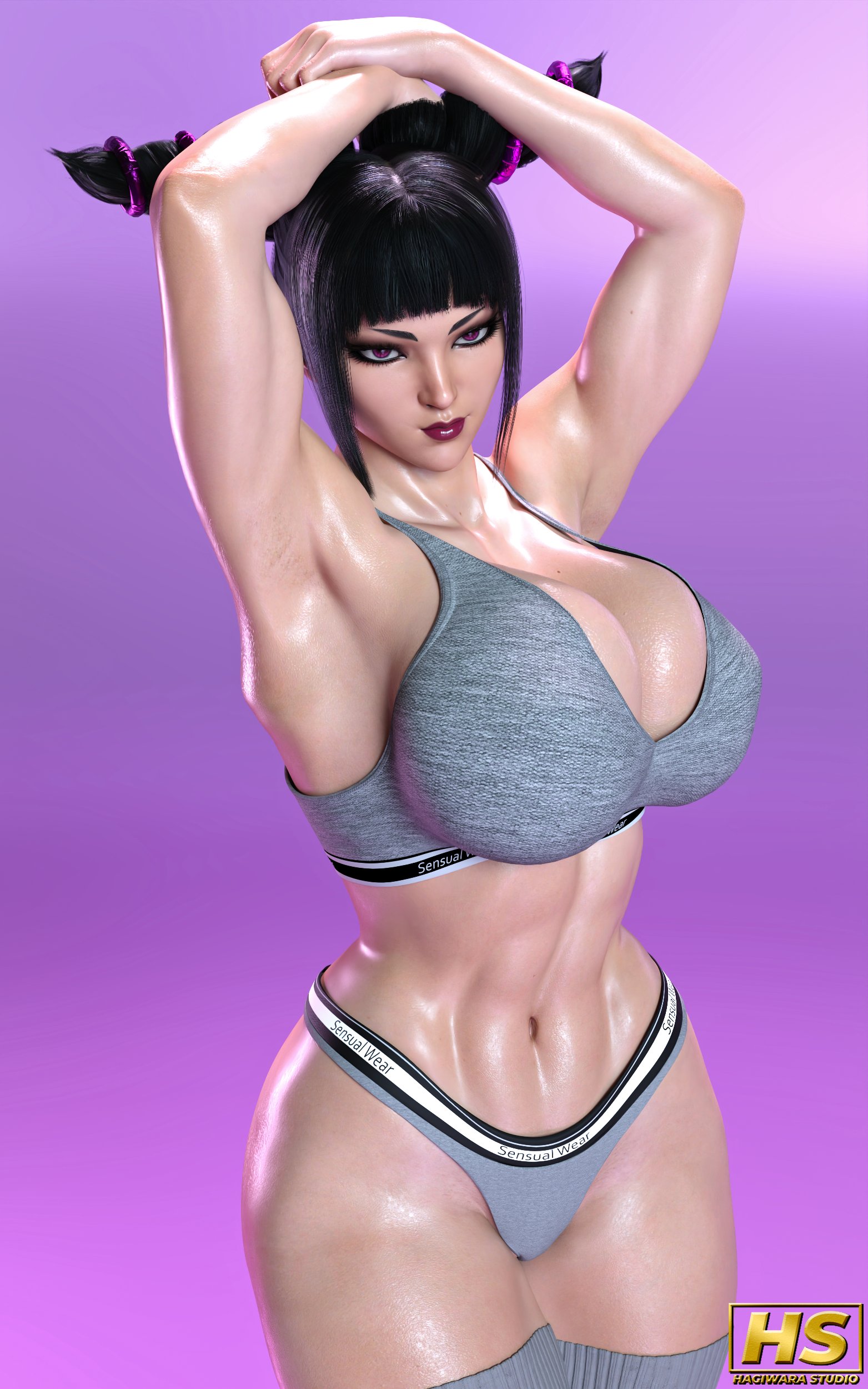 1girls, 3d, ass, big ass, big breasts, black hair, breasts, capcom, cleavage, female, female only, hagiwara studio, huge nipples, juri han, solo, street fighter, street fighter 6, thick thighs, voluptuous, wide hips