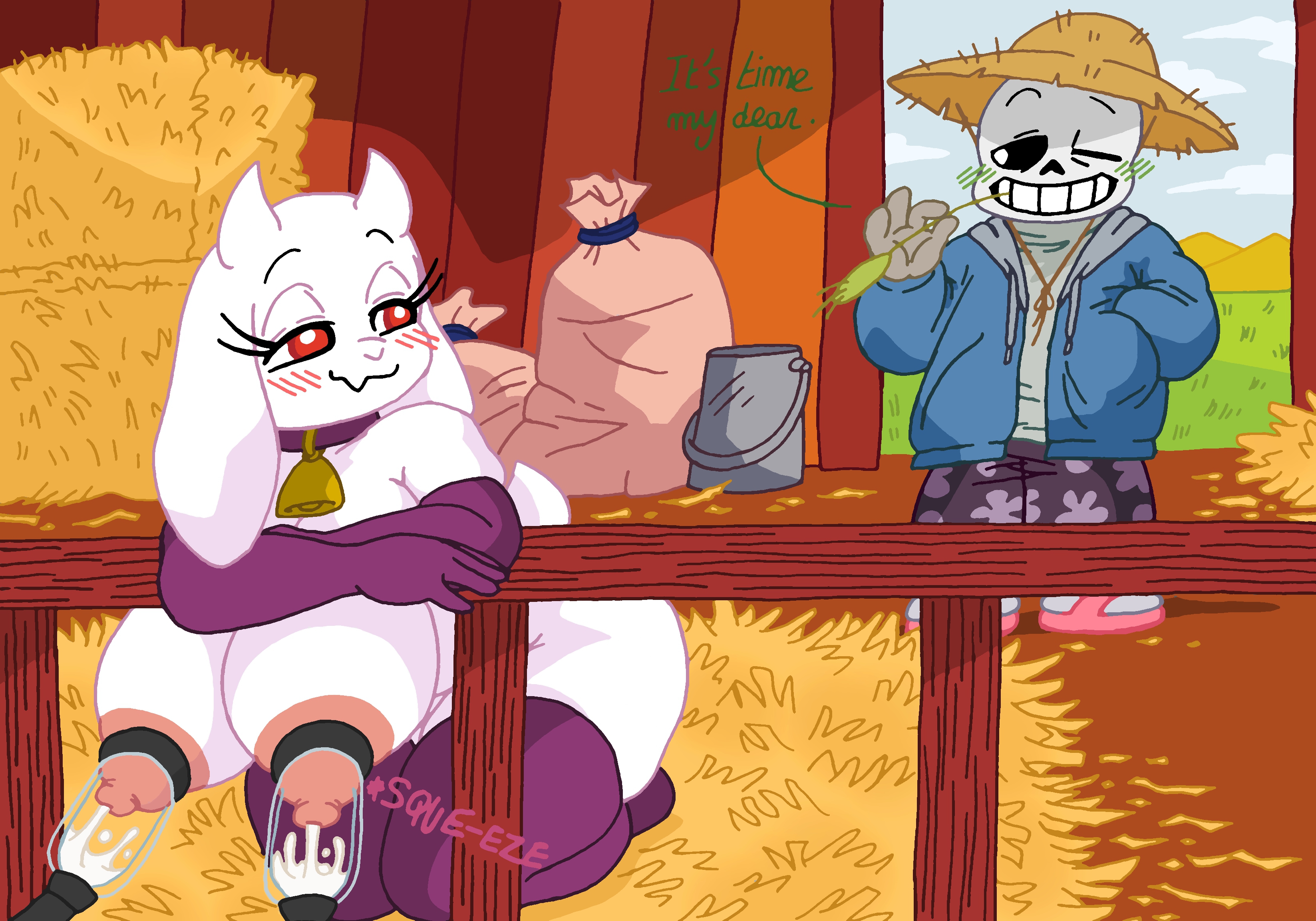 1boy, 1girls, ass, belly, big ass, big breasts, big butt, blush, breasts, chubby, chubby female, clothing, cow girl, duo, farm, farmer, farmtale, female, furry, goat, happy, hat, heart, huge breasts, lactation, large breasts, male, mature female, milf, milk, milking, milking machine, naked, naked female, nipples, noursteddy, nude, nude female, oral, oral sex, pussy, red eyes, sans, sans (farmtale), skeleton, smaller male, smile, smiling, tail, thick thighs, thighs, toriel