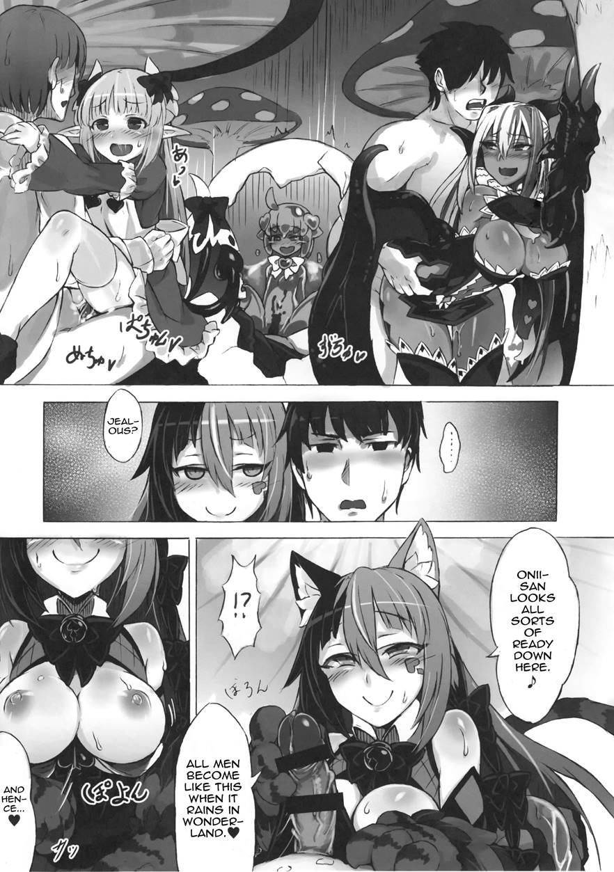 3boys 4girls ahe_gao cat_ears cat_girl cheshire_cat cheshire_cat's_welcome_to_wonderland cheshire_cat_(monster_girl_encyclopedia) comic doujin english_text mind_break monster_girl_encyclopedia sex straight tagme text