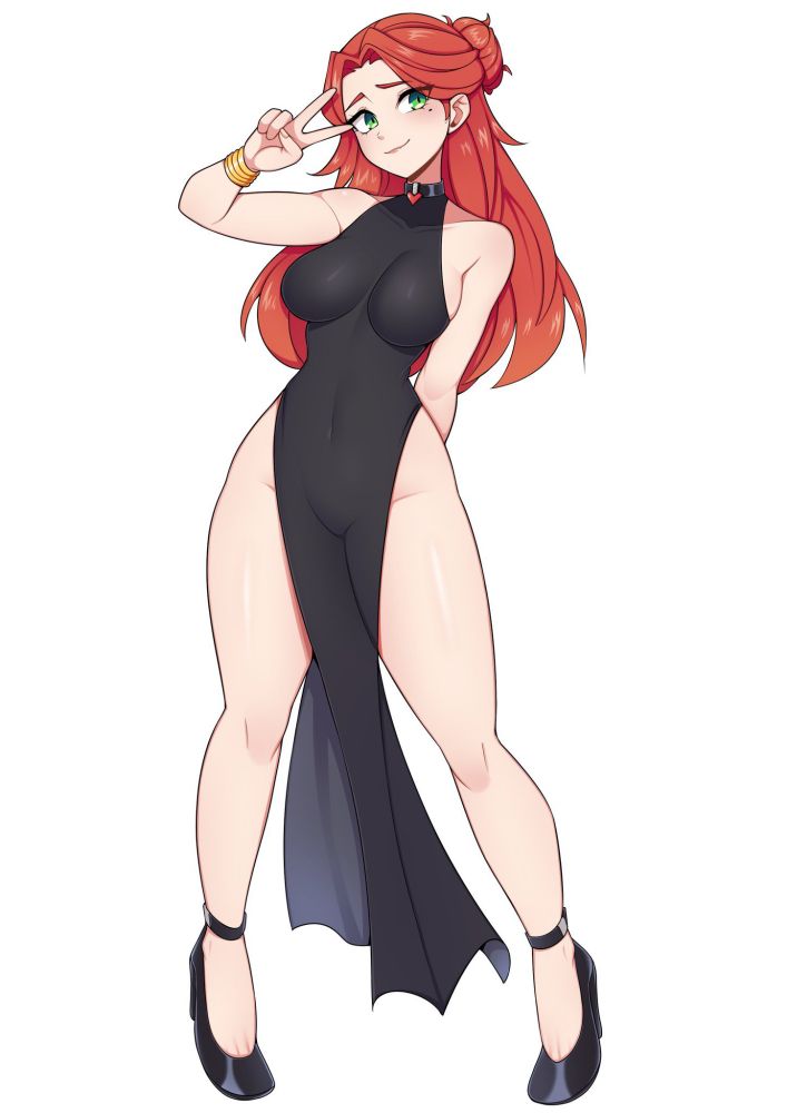 1girls, ankles, bare armpits, bare arms, bare calves, bare hands, bare hips, bare knees, bare legs, bare shoulders, bare skin, bare thighs, black clothes, black dress, black footwear, black high heels, black outfit, black shoes, black topwear, breasts, calves, closed mouth smile, clothes, collarbone, commission, commission art, curvaceous, curvaceous body, curvaceous female, curvaceous figure, curvaceous hips, curvaceous thighs, curvy, curvy body, curvy female, curvy figure, curvy hips, curvy thighs, digital drawing, digital media, dress, elbows, exposed armpits, exposed arms, exposed hips, exposed legs, exposed shoulders, exposed skin, exposed thighs, female, female focus, female only, fingernails, fingers, footwear, full body, green eyes, green-eyed female, groin, hair bun, head tilt, high heels, high resolution, highres, hourglass figure, knees, lean figure, legs, lips, long hair, looking at viewer, medium breasts, mole, mole under eye, narrow waist, nervous, nervous expression, nervous face, nervous female, nervous smile, oninuer, original, original art, original artwork, original character, outfit, parted bangs, peace sign, red hair, red-haired female, shoes, shoulders, shy, shy expression, shy smile, sign, simple background, slender body, slender waist, slim waist, smile, smiley face, smiling, smiling at viewer, smirk, solo, standing, thick thighs, thighs, tilted head, topwear, v, v sign, white background, wide hips