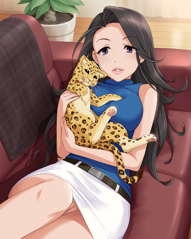 animal bare_shoulders belly beltskirt black_hair blue_shirt breasts female idolmaster idolmaster_cinderella_girls large_breasts leopard lips long_hair lying official_art parted_lips partially_visible_vulva pencil_skirt plant purple_eyes pussy skirt solo star takahashi_reiko uncensored very_long_hair white_skirt