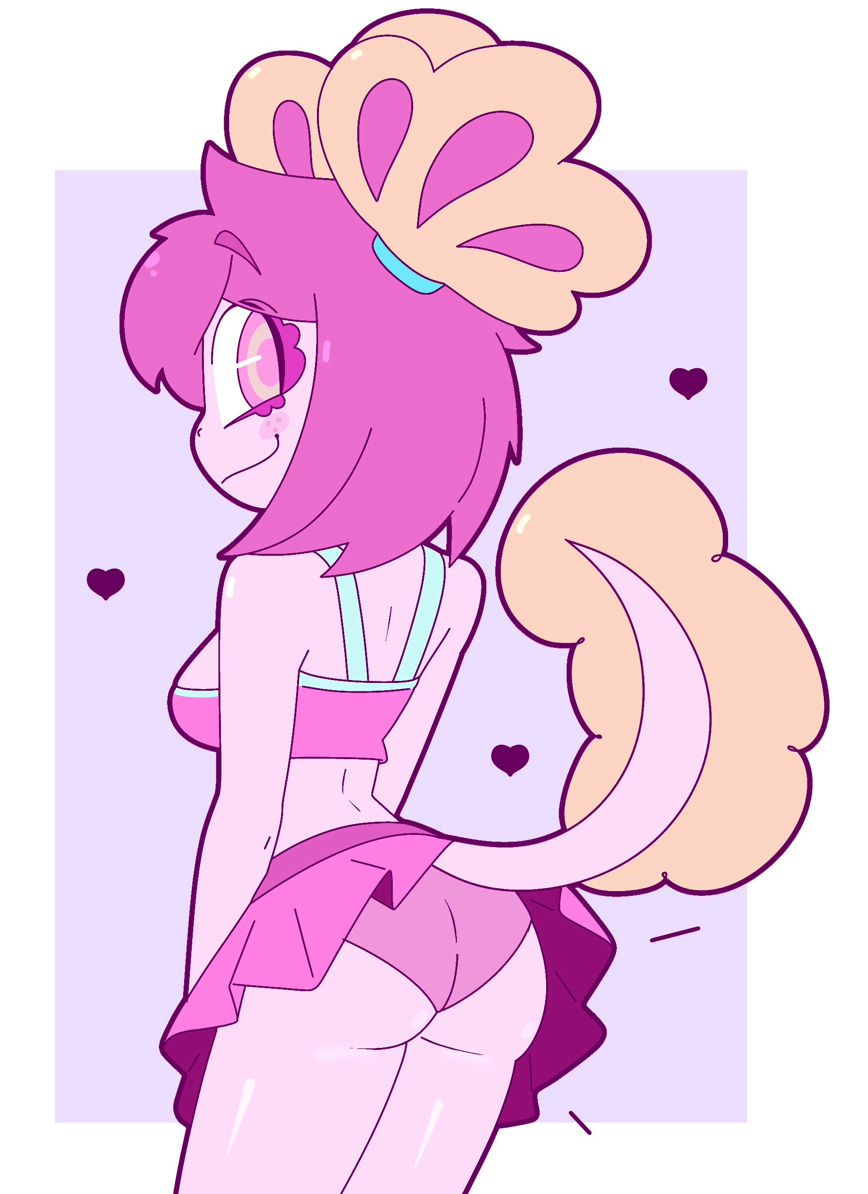 anthro, axolotl, back view, bra, clothed, cute, female, female only, heart symbol, long tail, mandoy1o1, pink body, pink eyes, pink hair, skirt, underwear, vitzy (vitzypie)