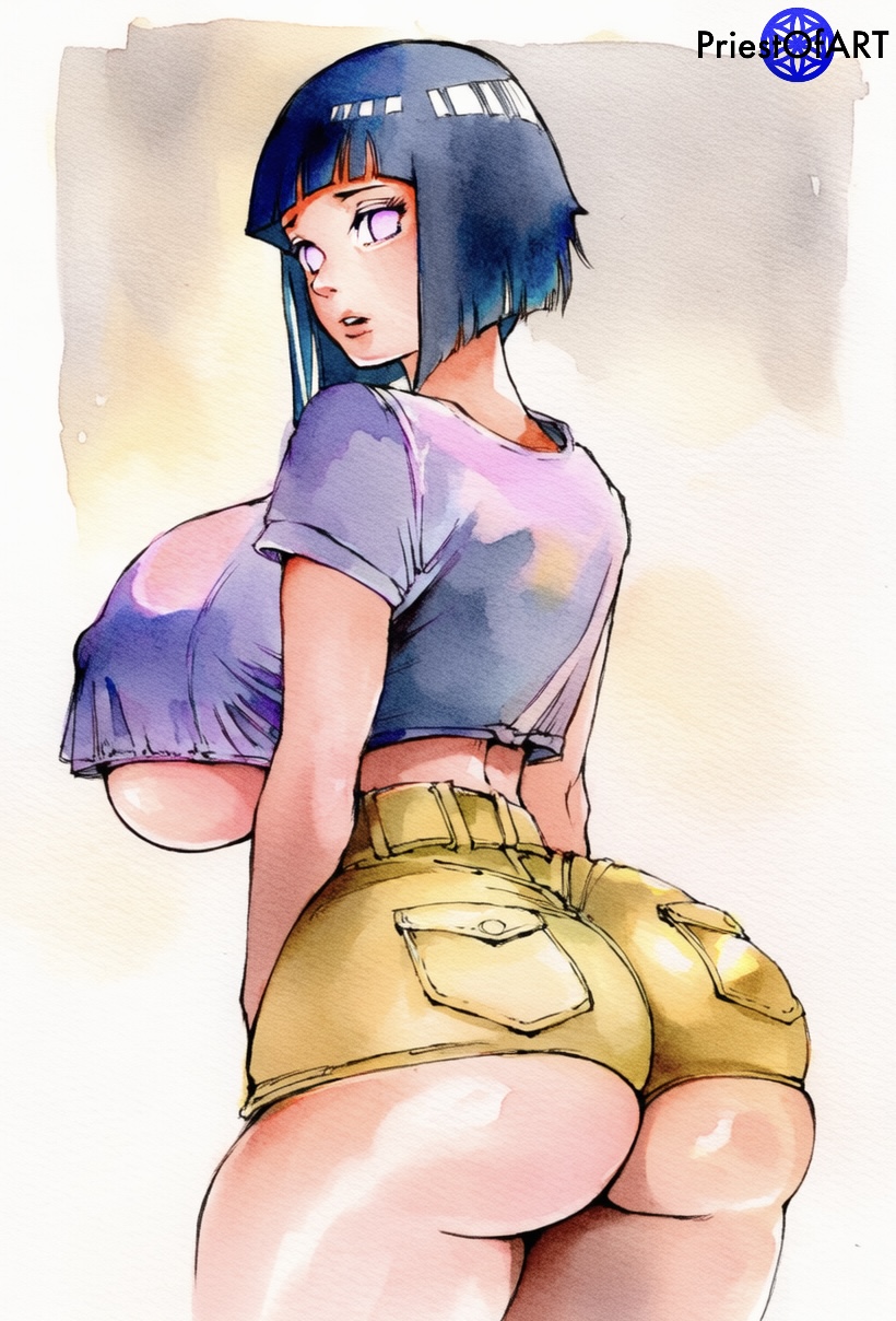 1girls, ai generated, bob cut, boruto: naruto next generations, breasts, busty, color, crop top, curvy, curvy female, curvy figure, female, female only, high-waist shorts, huge ass, huge breasts, hyuuga hinata, khaki shorts, naruto (series), priestofart, short hair, simple background, solo, solo female, tagme, tagme (artist), tagme (character), thighs, uzumaki hinata, watercolour (artwork), watermark, wide hips