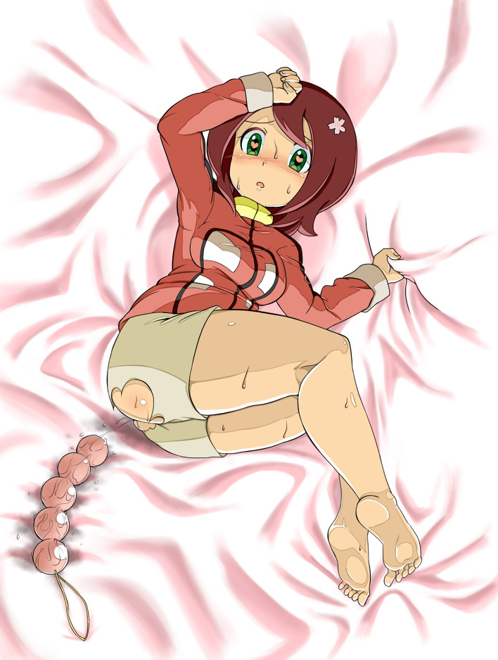 anal_beads ass ass_juice barefoot eyebrows feet female gaist_crusher hair_ornament heart heart-shaped_pupils looking_at_viewer lying on_side open_mouth refuto sakura_sango sheet_grab shiny_skin shorts solo sweat symbol-shaped_pupils torn_clothes