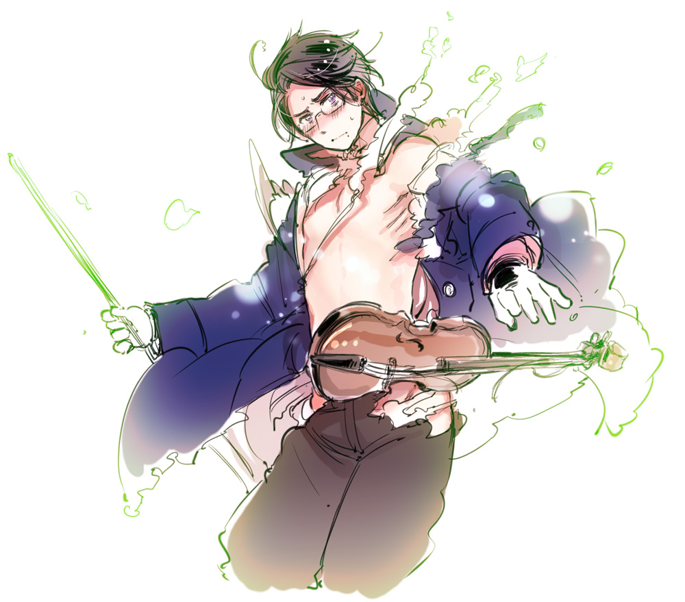 austria (hetalia), axis powers hetalia, clothes ripping, himaruya hidekaz, male, male only, manga, official art, playing instrument, playing music, playing violin, tagme