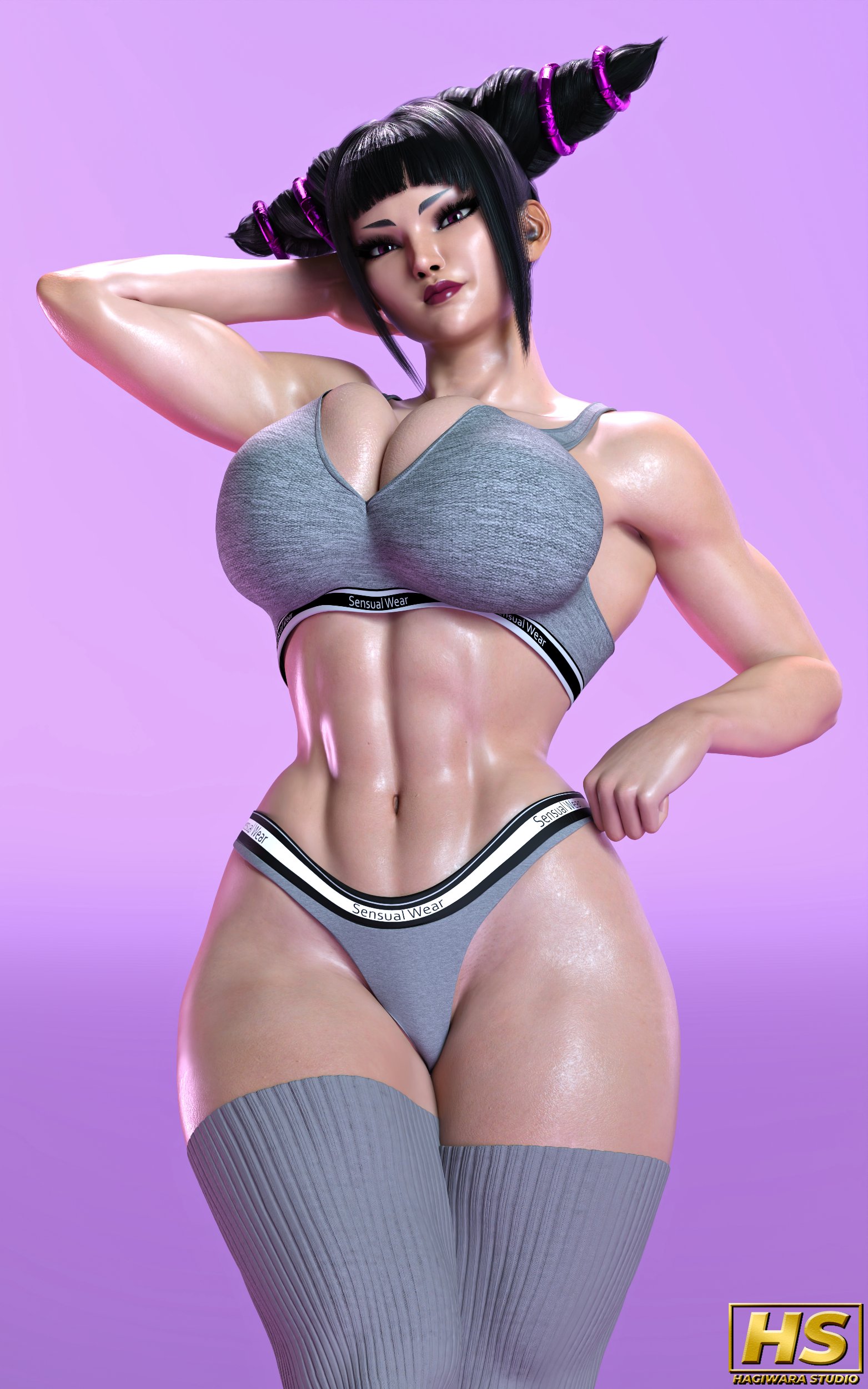 1girls, 3d, ass, big ass, big breasts, bigger female, black hair, breasts, capcom, cleavage, female, female only, hagiwara studio, huge nipples, juri han, mature, solo, street fighter, street fighter 6, thick thighs, tomboy, voluptuous, wide hips