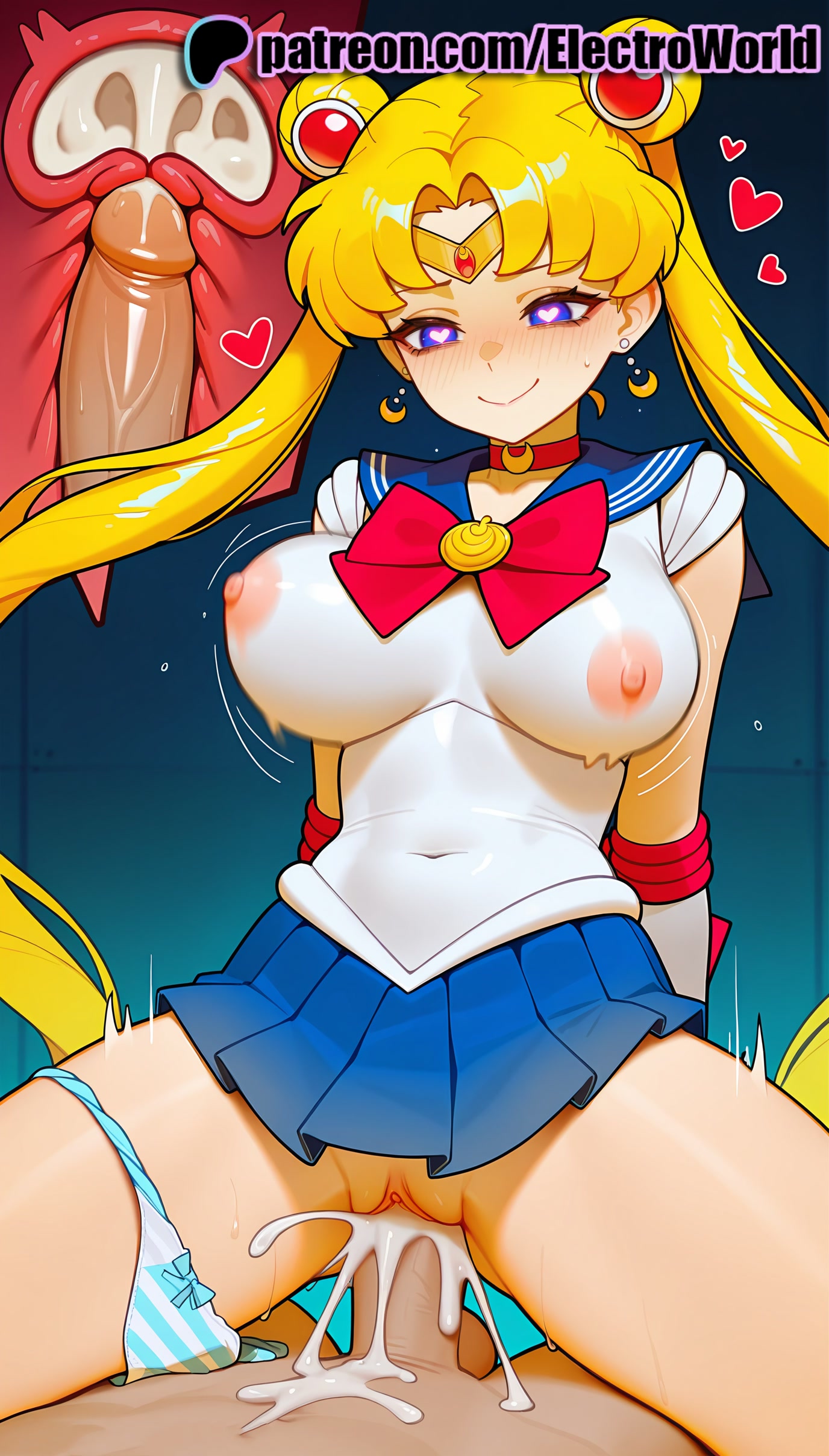 1boy, 1girls, 2025, ai generated, artist name, bishoujo senshi sailor moon, blonde hair, blue sailor collar, blue skirt, bow, breasts, bust, cervix, chest, choker, clit, clitoris, cock, covered nipples, cowgirl position, crescent, crescent earrings, cross section, cum, cum in pussy, deep penetration, dick, earrings, ejaculation, elbow gloves, electroworld, exposed clitoris, exposed nipples, female, fucking, heart, hi res, high quality, high resolution, highres, intercourse, internal cumshot, long hair, love making, magical girl, male, nipples, nipples visible through clothing, overflow, panties, panties around one leg, patreon, patreon username, penetration, penis, pussy, red bow, red choker, sailor collar, sailor moon, sailor senshi uniform, see-through, sex, sexual intercourse, skirt, solo focus, stable diffusion, straight, striped, tiara, twintails, uncensored, underwear, usagi tsukino, uterus, vaginal penetration, very long hair, watermark, white gloves, x-ray