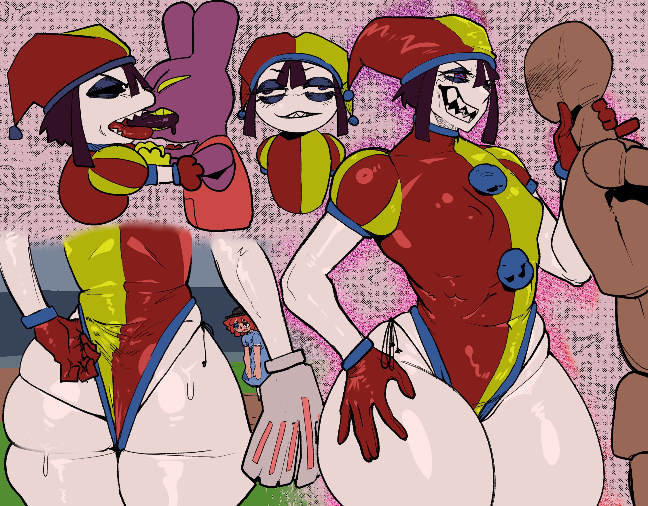 1boy, 1boy1girl, 1girls, ass, ass crack, big ass, breasts, clothed, clothed female, clothing, clown girl, evil pomni (the amazing digital circus), female, flat chest, flat chested, glitch productions, jax (the amazing digital circus), jester, kissing, male, mannequin, mannequin npc (the amazing digital circus), pointy nose, pointy teeth, ragatha (the amazing digital circus), reder, straight, sweat, sweatdrop, sweating, the amazing digital circus, thick thighs, thighs