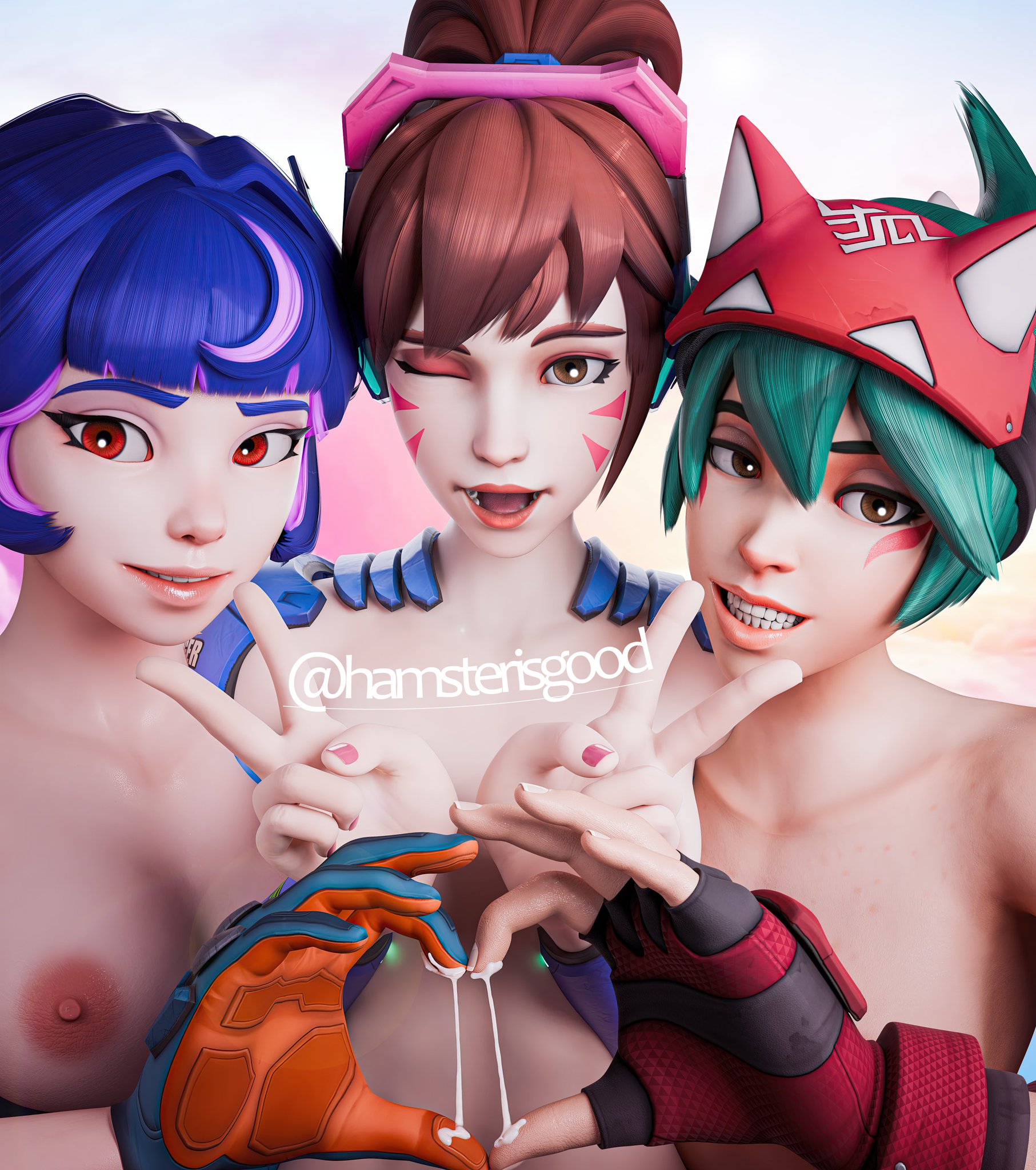 3d, 3girls, after sex, d.va, d.va (overwatch 2 suit), female, group, hamsterisgood, hana song, human, juno (overwatch), juno teo minh, kiriko (overwatch), kiriko kamori, multiple females, multiple girls, overwatch, overwatch 2, pale skin, peace sign, tagme