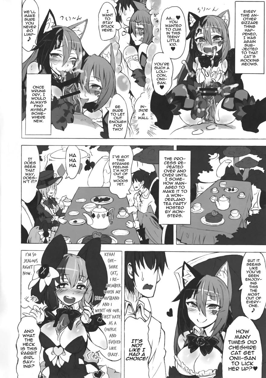 ahe gao, cat ears, cat girl, censored, cheshire cat, cheshire cat (monster girl encyclopedia), cheshire cat's welcome to wonderland, collaborative fellatio, comic, doujin, english text, fellatio, female, kenkou cross, mad hatter (monster girl encyclopedia), march hare (monster girl encyclopedia), mind break, monster girl encyclopedia, oral, sex, straight, tagme, text