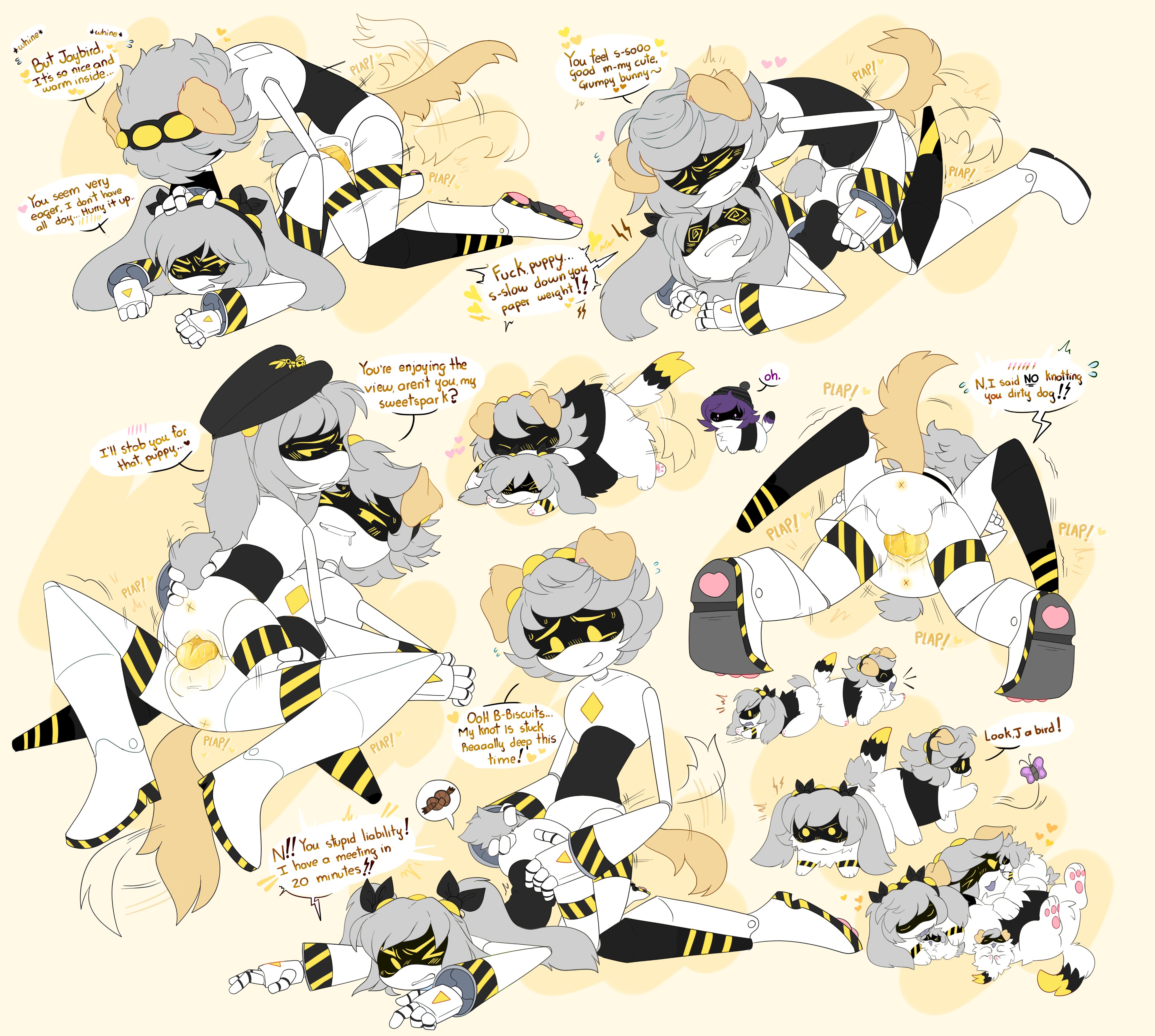 1boy, 2girls, ass, blush, disassembly drone, dog ears, dog tail, female, furry, furry murder drone, glitch productions, j (murder drones), jesterjerk, knot, knotted penis, knotting, male, murder drones, n (murder drones), pink6900, robot, robot boy, robot girl, straight, uzi (murder drones), vagina, vaginal penetration, vaginal sex, white body