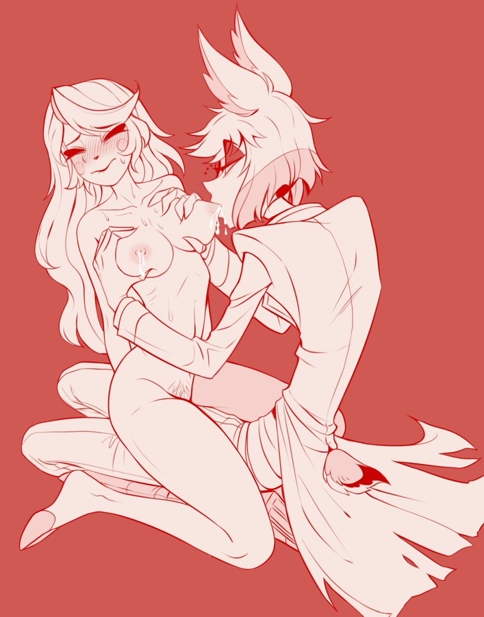 alastor (hazbin hotel), blonde hair, breast feeding, breast squeeze, breast sucking, breasts, breasts out, charlastor, charlie morningstar (hazbin hotel), clothed male, clothed male nude female, deer humanoid, deerlydepart, embarrassed, female, fully naked, fully naked female, fully nude, hazbin hotel, male, milk, sweat