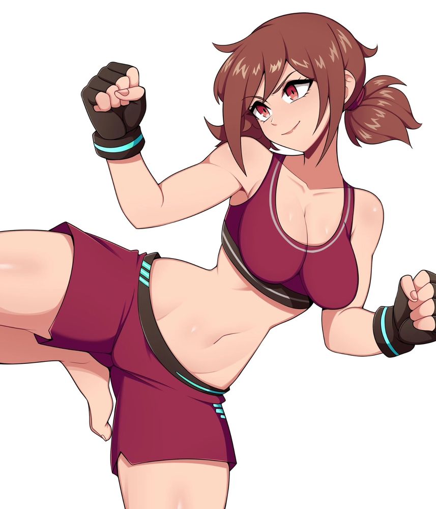 1girls, bare armpits, bare arms, bare belly, bare hips, bare legs, bare midriff, bare navel, bare shoulders, bare skin, belly, belly button, big breasts, breasts, brown eyebrows, brown eyes, brown hair, brown-eyed female, brown-haired female, buruma, busty, busty female, character request, cleavage, closed mouth smile, collarbone, commission, commission art, copyright request, curvaceous, curvaceous body, curvaceous female, curvaceous figure, curvaceous hips, curvy, curvy body, curvy female, curvy figure, curvy hips, digital drawing, digital media, elbows, exposed armpits, exposed arms, exposed belly, exposed hips, exposed legs, exposed midriff, exposed navel, exposed shoulders, exposed skin, female, female focus, female only, fingerless gloves, fingernails, fingers, groin, head tilt, high resolution, highres, hourglass figure, large breasts, lean figure, leg up, legs apart, legs spread, lips, long hair, midriff, narrow waist, navel, oninuer, plump breasts, ponytail, red buruma, red sports bikini, red sports bra, short ponytail, shoulders, simple background, slender body, slender waist, slim waist, smile, smiley face, smiling, smirk, solo, sports bikini, sports bra, spread legs, spreading legs, spreading thighs, standing, thick thighs, thighs, tilted head, tomboy, upper body, white background, wide hips