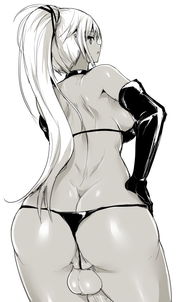 1futa, ass, backsack, balls, ballsack, bikini, dickgirl, from behind, full-package futa, futa only, futanari, intersex, long hair, looking at viewer, looking back, monochrome, original, penis, solo, solo futa, testicles, ubanis