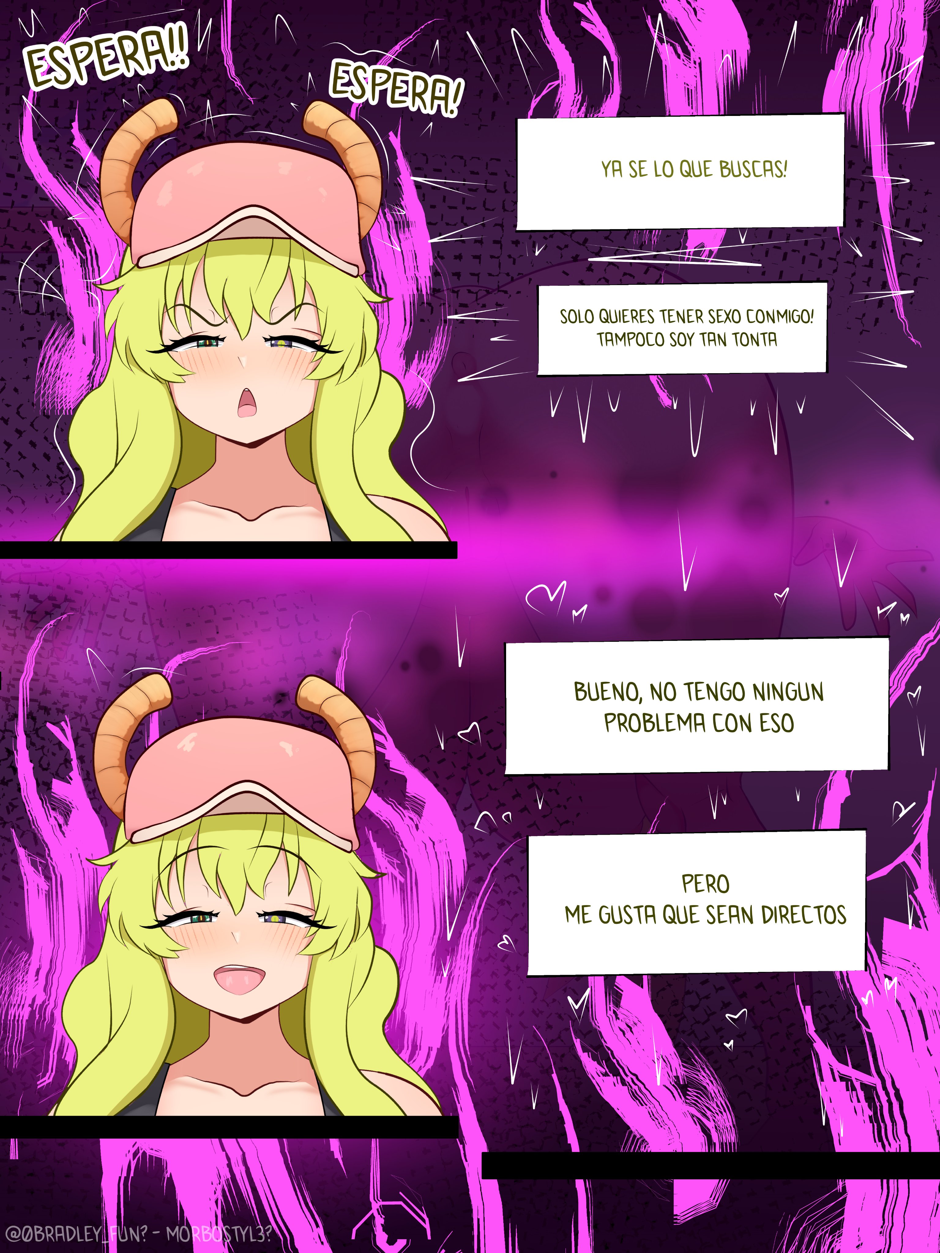 blush, bradleyfun?, female, green eyes, horns, long hair, lucoa, lucoa (maidragon), miss kobayashi's dragon maid, open mouth, pink cap, spanish text, yellow hair