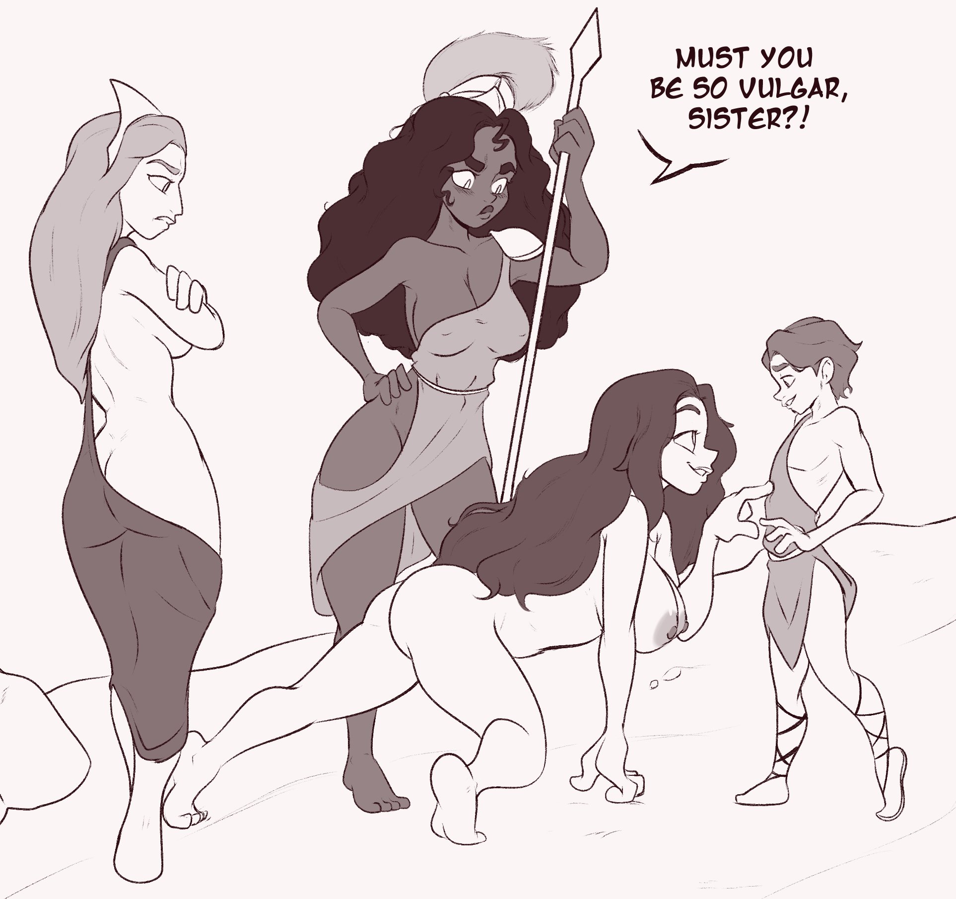1boy, 3girls, aphrodite, aphrodite (greek mythology), ass focus, athena, athena (mythology), big breasts, breasts, clothed, cypria, dark hair, dark skin, female, femdom, greek mythology, half-dressed, hera, hera (greek mythology), klassyarts (artist), male, nude female, paris (greek mythology), paris of troy, teasing, text, text bubble, the epic cycle, trojan war