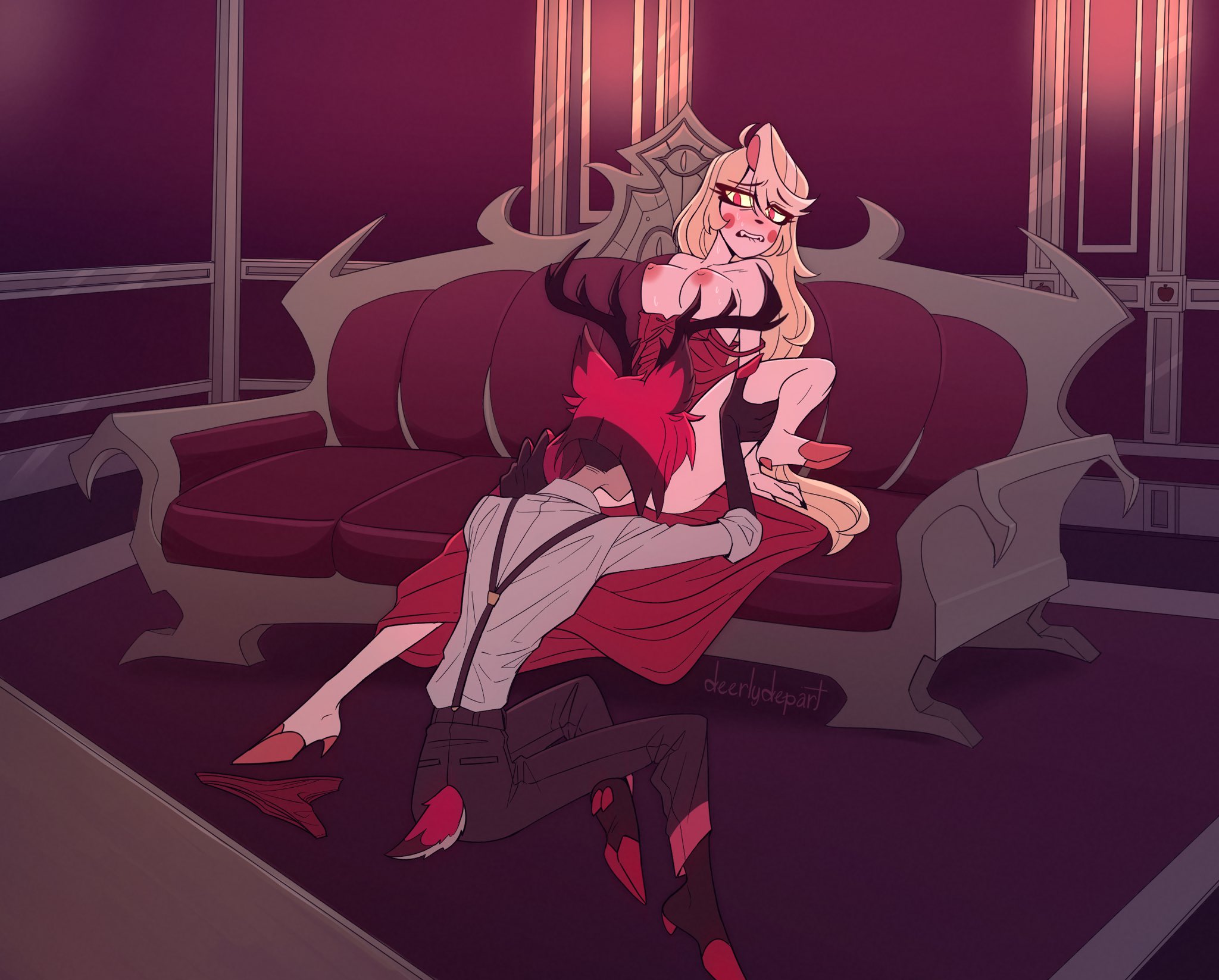 1boy, 1girls, alastor (hazbin hotel), blonde hair, breasts, breasts out, charlastor, charlie morningstar (hazbin hotel), clothed male, clothing, cunnilingus, deer humanoid, deerlydepart, dress, dress down, eating pussy, female, furniture, hazbin hotel, hooves, indoors, long hair, looking pleasured, male, nipples, on couch, panties removed, pussy, red hair, suspenders, thighs grab
