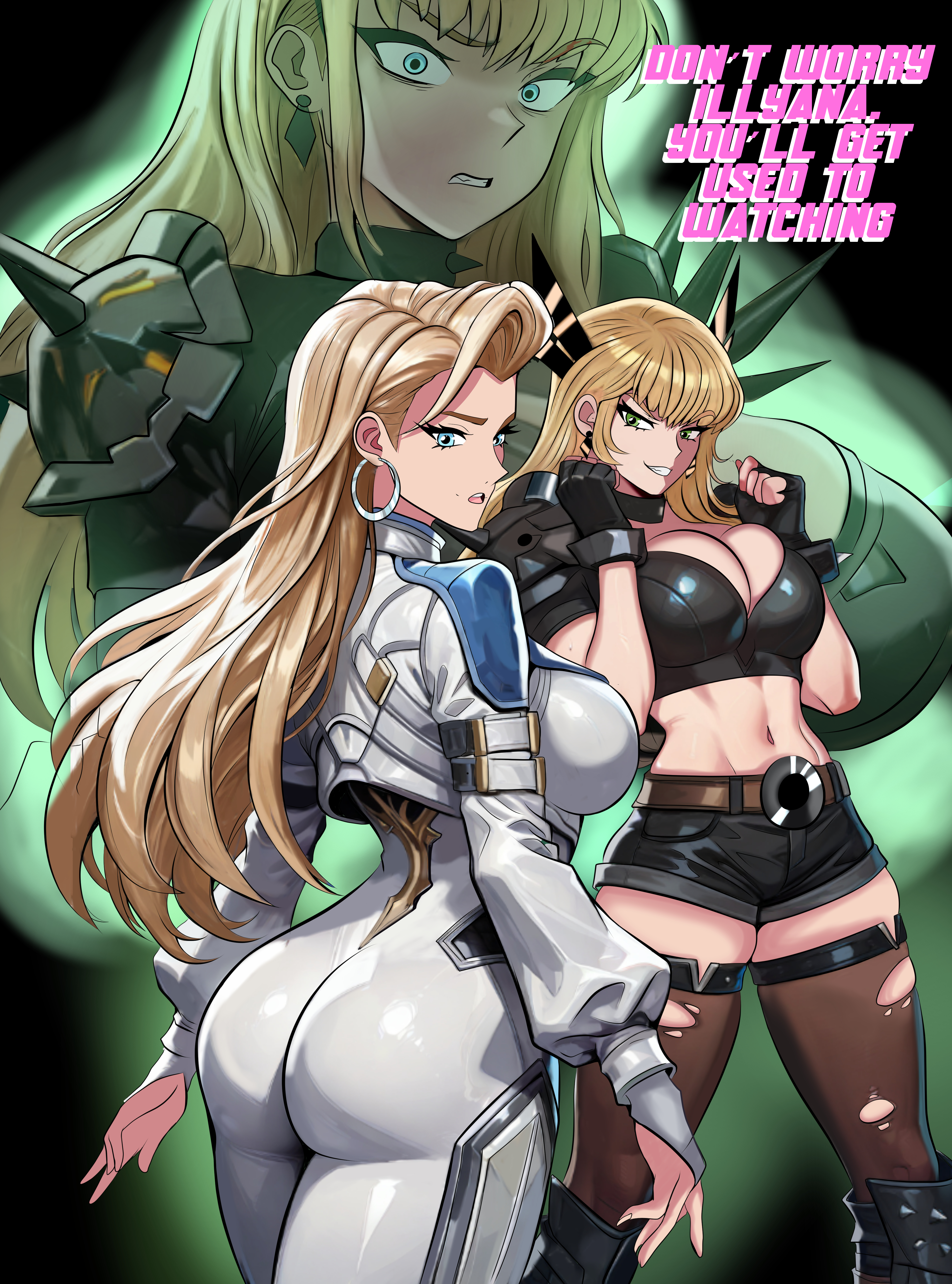 androgynous dom, ass, aura, aware, blonde hair, blue eyes, bodysuit, breasts, charuzuart , choker, cloak and dagger, corruption, dagger (marvel rivals), dagger (marvel), dialogue, earrings, english text, evil smile, eye color change, femsub, fingerless gloves, ghost, gloves, green eyes, happy trance, large breasts, legs, loki, loki (marvel), long hair, looking at viewer, looking back, magik, magik (illyana rasputin), magik (marvel rivals), marvel, marvel comics, marvel rivals, midriff, navel, non-binary, non-binary dom, open mouth, possessed, possession, possessionhub, smile, tagme, text, tight clothing, x-men
