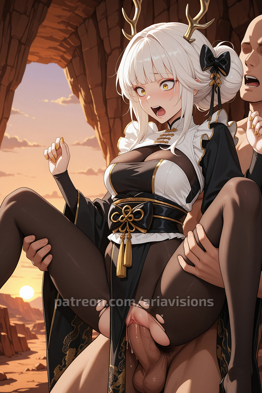 1boy, 1girls, ai assisted, ai generated, ariavisions, bangs, blanc (nikke), blunt bangs, carrying, clothed female nude male, fake animal ears, female, goddess of victory: nikke, light skin, light-skinned female, light-skinned male, male, moaning, nikke, pantyhose, pussy, rabbit ears, reverse suspended congress, ripped clothing, sex, sex from behind, shocked, spread legs, straight, vaginal penetration, white hair, yellow eyes