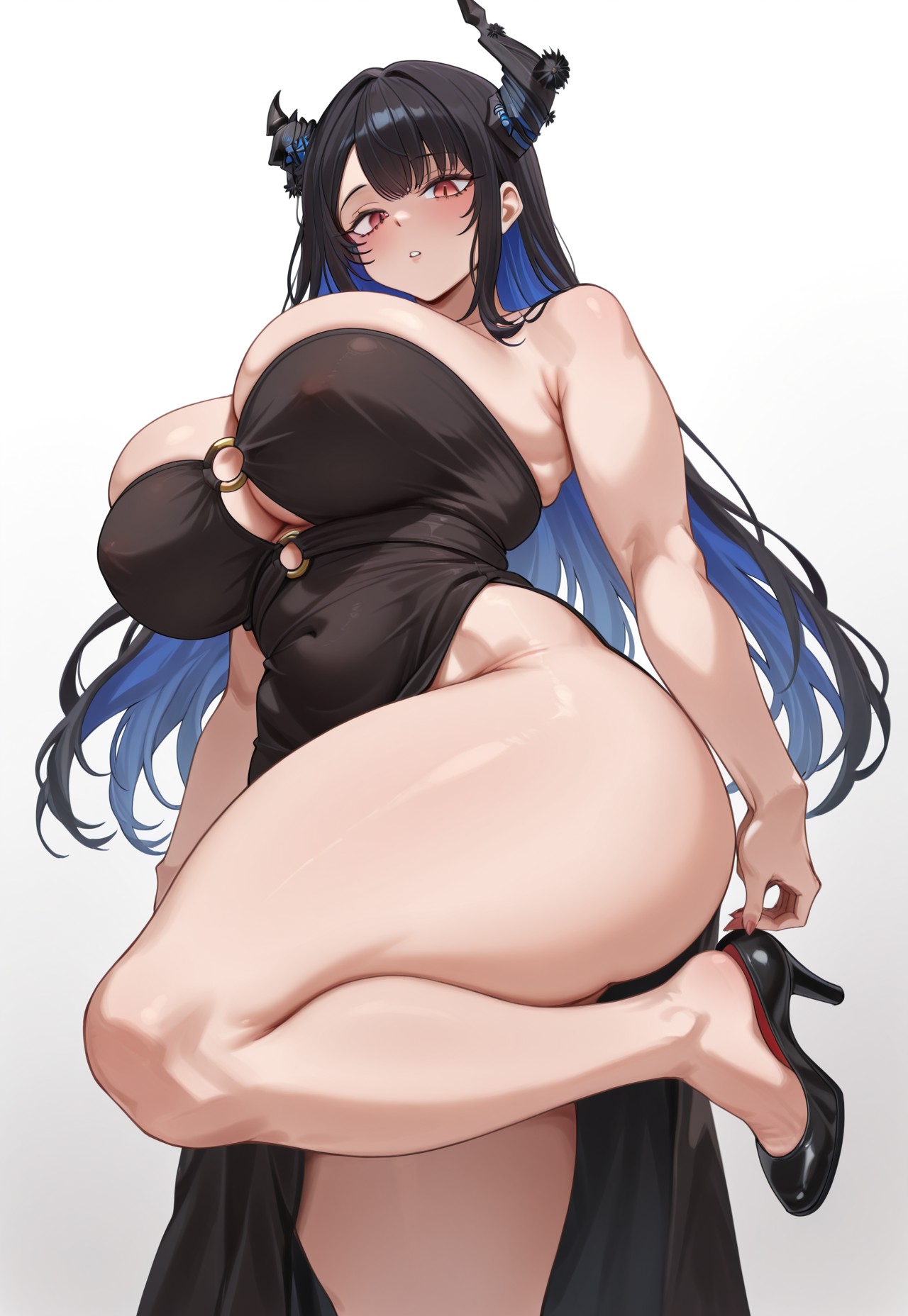 1girls, 2025, ai generated, big breasts, black dress, blush, breasts, cleavage, curvy, dress, erect nipples, female, hololive, hololive english, hololive english -advent-, hourglass figure, huge breasts, looking at viewer, low-angle view, nerissa ravencroft, nipples, nipples visible through clothing, no bra, o-ring, o-ring dress, picoomonlo842, simple background, solo, thick legs, thick thighs, thighs, virtual youtuber, white background