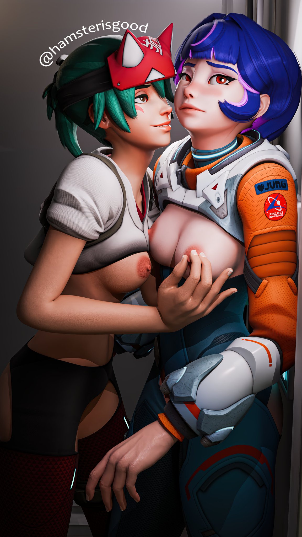 2girls, 3d, against wall, boobs, breasts, female, female only, female/female, hamsterisgood, juno (overwatch), kiriko (overwatch), overwatch, overwatch 2, pinching nipples, shirt lift, tagme, yuri