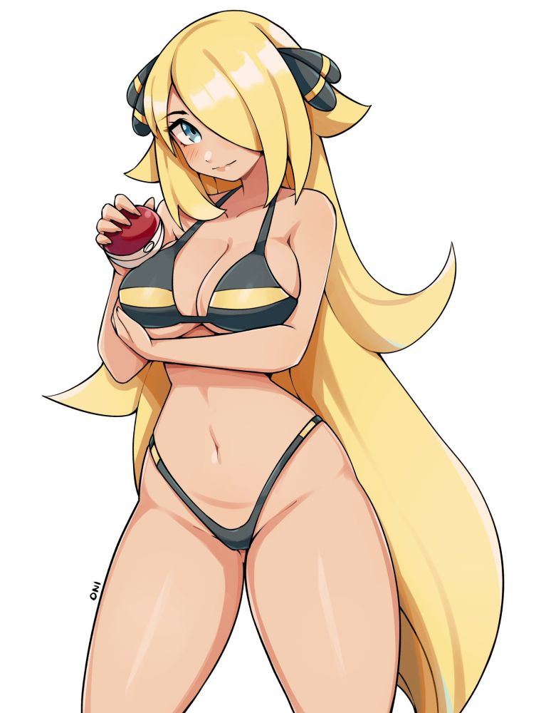 1girls, adult, adult female, bare belly, bare chest, bare hands, bare hips, bare legs, bare midriff, bare navel, bare shoulders, bare thighs, belly, belly button, bewitching thighs, big breasts, bikini, bikini bottom, bikini only, bikini top, black bikini, black bikini bottom, black bikini top, black string bikini, black swimsuit, black swimwear, blonde eyebrows, blonde female, blonde hair, blonde-haired female, blue eyes, blue-eyed female, blush, blush face, blushing at viewer, blushing female, blushing lines, breasts, busty, busty female, child bearing hips, cleavage, collarbone, curvaceous, curvaceous body, curvaceous female, curvaceous figure, curvaceous hips, curvaceous thighs, curvy, curvy body, curvy female, curvy figure, curvy hips, curvy thighs, cynthia (pokemon), digital drawing, digital media, elbows, exposed arms, exposed belly, exposed chest, exposed hips, exposed legs, exposed midriff, exposed navel, exposed shoulders, exposed skin, exposed thighs, female, female focus, female only, fingernails, fingers, groin, gym leader, hair between eyes, hair ornament, hair ornaments, hair over one eye, halterneck, high resolution, highres, hourglass figure, large breasts, lean figure, lips, long hair, looking at viewer, mature, mature female, midriff, narrow waist, navel, oninuer, parted bangs, plump breasts, pokeball, pokemon, shoulders, simple background, slender body, slender waist, slim waist, solo, standing, string bikini, swimsuit, swimwear, thick thighs, thighs, thong bikini, upper body, white background, wide hips