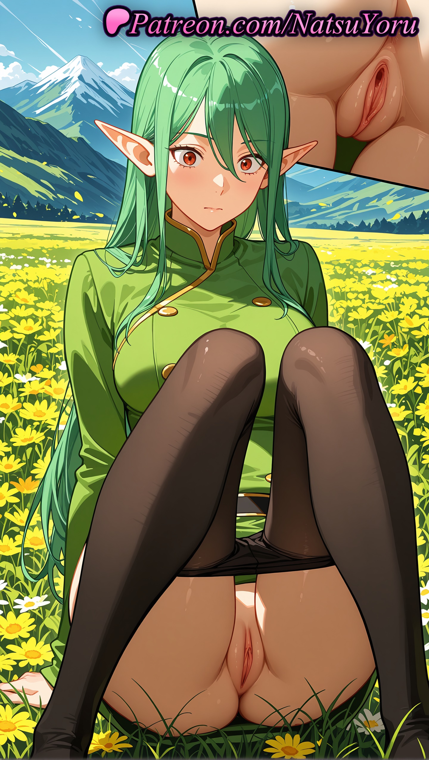 1girls, 2025, ai generated, anus, ass, bangs, belt, black pantyhose, blush, breasts, closed mouth, clothes pull, dungeon ni deai wo motomeru no wa machigatteiru darou ka, elf, elf ears, female, field, flower, flower field, green hair, hair between eyes, hi res, highres, labia, labia majora, large breasts, long hair, long sleeves, mountain, natsuyoru, outdoors, pantyhose, pantyhose pull, patreon, pointed ears, pointy ears, pussy, red eyes, riveria ljos alf, sitting, sky, solo, uncensored, vagina, voluptuous, voluptuous female