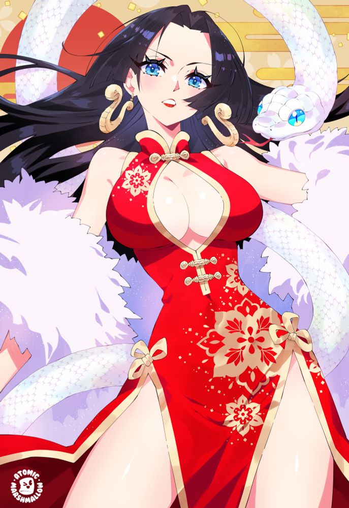 1girls, adult, adult female, atomicmarshmallow, bewitching thighs, big breasts, black hair, black-haired female, blue eyes, blue-eyed female, boa hancock, breasts, busty, busty female, child bearing hips, cleavage, cleavage cutout, clothes, curvaceous, curvaceous body, curvaceous female, curvaceous figure, curvaceous hips, curvy, curvy body, curvy female, curvy figure, curvy hips, digital drawing, digital media, dress, ear piercing, ear piercings, earrings, female, female focus, female only, head tilt, high resolution, highres, hourglass figure, large breasts, lean figure, lips, long hair, looking at viewer, looking down, looking down at viewer, mature, mature female, narrow waist, one piece, outfit, parted bangs, parted lips, pierced ear, pierced ears, plump breasts, red clothes, red dress, red outfit, red topwear, shoulders, simple background, slender body, slender waist, slim waist, snake, solo, standing, thighs, tilted head, topwear, wide hips, yellow background