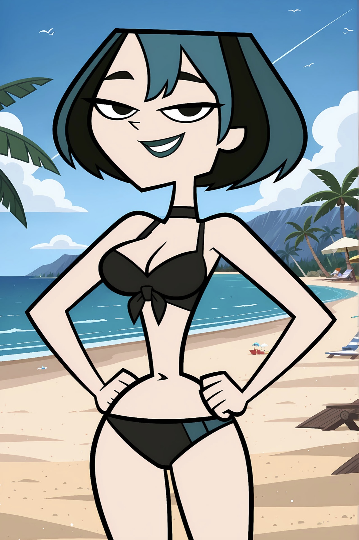 1girls, accurate art style, ai generated, beach, belly, belly button, bikini, bonnieaiart, breasts, cartoon network, cleavage, female, goth girl, gwen (tdi), hands on hips, navel, outdoors, pale skin, smile, teletoon, total drama island, tummy, two-piece swimsuit, western cartoon