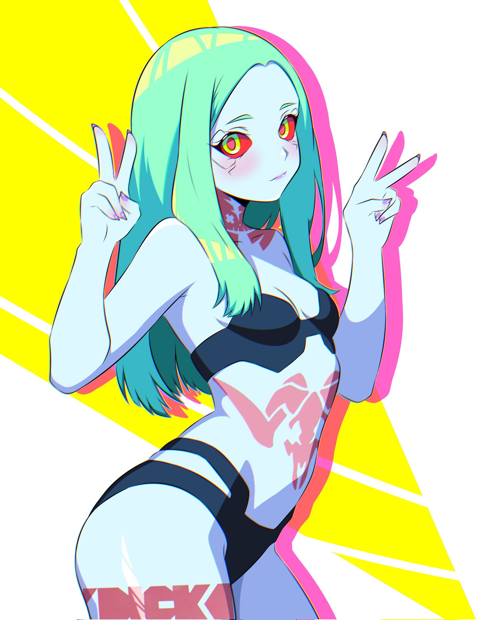 b1iz4rd, bra, breasts, cyberpunk 2077, cyberpunk: edgerunners, double v, female, green hair, no source, panties, rebecca (edgerunners), small breasts