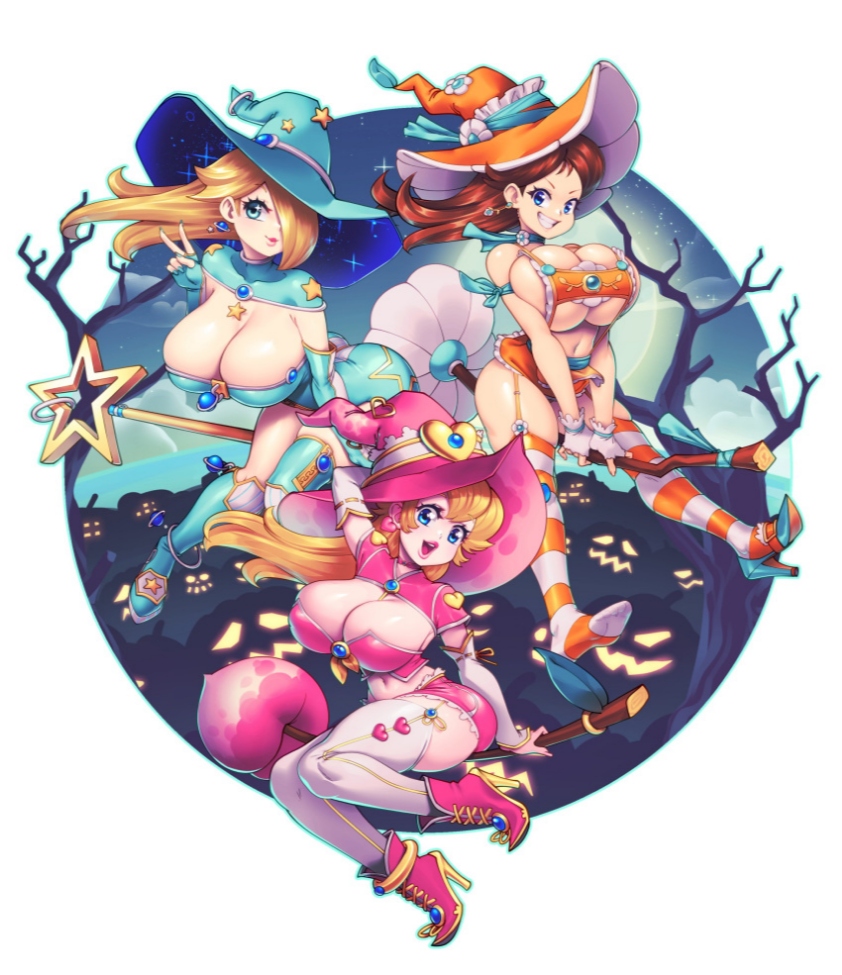 3girls, bare shoulders, blonde hair, bloomers, blue eyes, boots, breasts, broom, brown hair, cape, cleavage, corset, crown, dress, earrings, elbow gloves, female, food, gloves, hair over one eye, halloween, hat, high heel boots, high heels, huge breasts, jewelry, large breasts, lips, long hair, looking at viewer, mario (series), mole, multiple females, multiple girls, nintendo, open mouth, orange hair, pantyhose, pink hair, princess daisy, princess peach, princess rosalina, red hair, short hair, smile, star earrings, star symbol, strapless dress, striped, striped legwear, super mario bros., super mario galaxy, supersatanson, thighhighs, thighs, underwear, wand, weapon, witch, witch hat