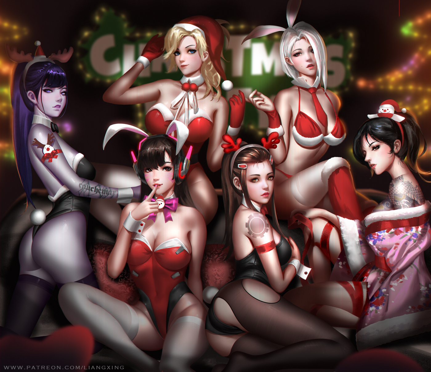 2d, 6girls, alternate costume, arm tattoo, ashe (overwatch), ass, big breasts, black hair, black leotard, blizzard entertainment, blonde hair, blue eyes, bow, bra, breasts, brigitte, brown eyes, brown hair, bunny ears, bunny girl, bunny suit, bunny tail, busty, christmas, christmas hat, christmas outfit, cleavage, collar, curvaceous, curvy, d.va, earphones, female, female only, finger to mouth, garterhose, gloves, hanzo, kimono, kimono down, kimono open, large breasts, leotard, liang xing, long hair, mercy, multiple females, multiple girls, open kimono, overwatch, panties, pantyhose, pinup, ponytail, purple bow, purple eyes, purple hair, purple skin, red bow, red bra, red gloves, red leotard, red panties, red thong, reindeer antlers, short hair, shoulder tattoo, sitting, smile, standing, tattoo, thighhighs, thong, voluptuous, white hair, widowmaker