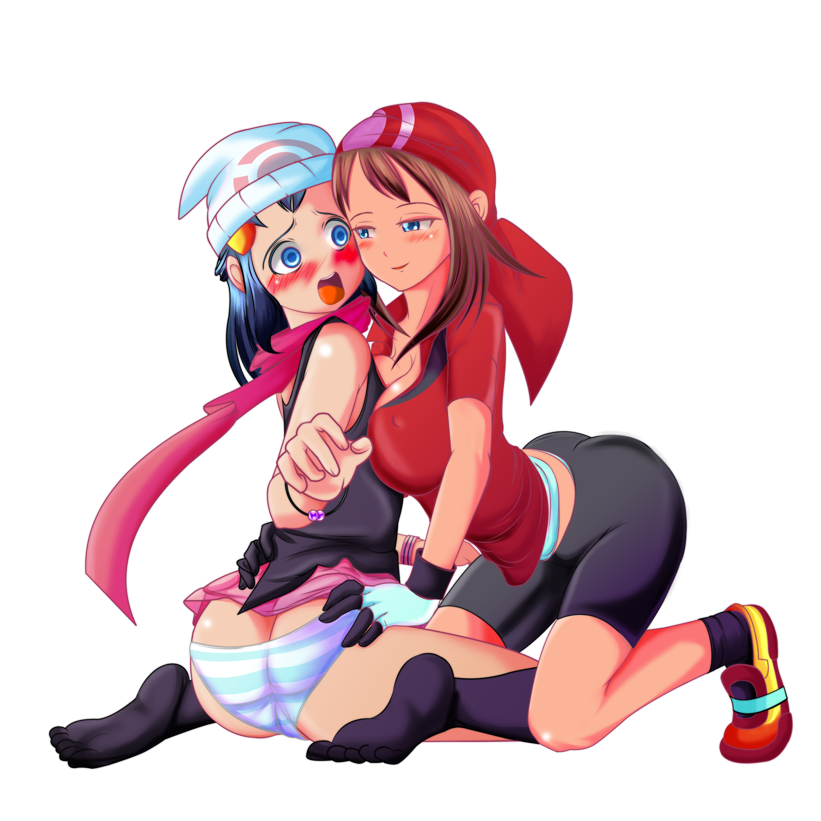 2girls, artist request, ass, ass crack, bandana, bare shoulders, beanie, bike shorts, blue eyes, blue hair, blush, bracelet, breasts, brown hair, butt crack, cameltoe, dawn (pokemon), female, gloves, human, human only, large breasts, long hair, may (pokemon), miniskirt, multiple females, multiple girls, open mouth, pantyshot, pokemon, pokemon dppt, pokemon rse, pussy, scarf, shiny, shiny clothes, shiny hair, shiny skin, simple background, skirt, smile, wariza, white background, yuri