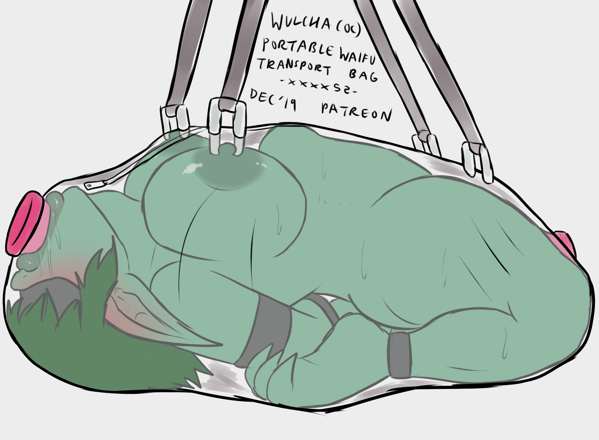 1girls, arms behind back, arms tied behind back, asphyxiation, bag, blindfold, bondage, bound arms, breasts, chubby, dildo, dildo gag, female, gag, goblin, goblin female, green hair, green skin, in container, nipple piercing, nipples, original character, patreon, piercing, pussy, sacked, side view, stomach bulge, sweat, text, thick thighs, vaginal insertion, watermark, wide hips, xxxx52