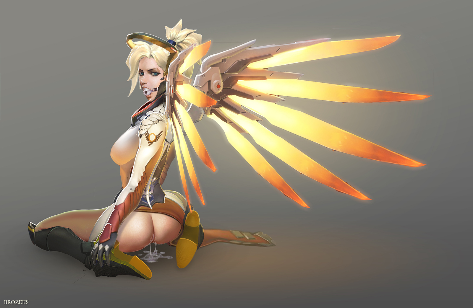 anus, ass, ass cutout, ball gag, blonde hair, bodysuit, boots, breasts, brozeks, cum, female, full body, gag, gagged, gloves, grey background, high ponytail, highres, knee boots, lips, long hair, looking at viewer, mechanical halo, mechanical wings, mercy, no panties, nose, overwatch, ponytail, saliva, sheer legwear, sitting, solo, tied hair, white ball gag, wings, yellow wings