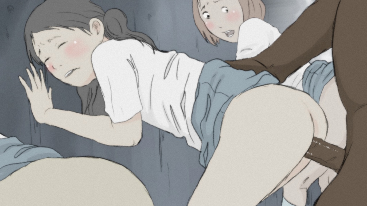 1boy, 3girls, against wall, arm support, ass, bottomless, dark skin, dark-skinned male, endured face, female, flat chest, imminent rape, male, multiple females, multiple girls, multiple subs, no panties, nude, penetration, penis, rape, school uniform, sex, skirt, skirt around belly, skirt lift, take your pick, temon, uniform