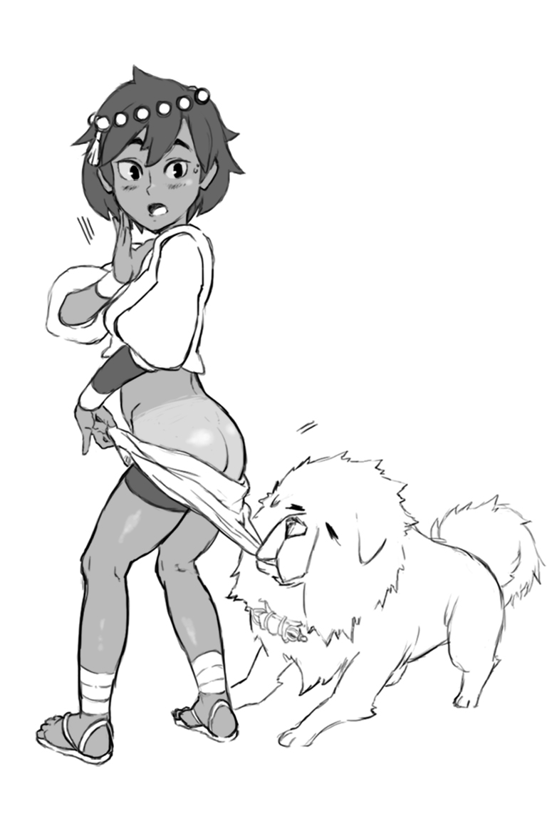 1girls ajna_(indivisible) ass ass_cleavage blush butt_crack canine coppertone dark-skinned_female dark_skin feet female furry holding human indivisible lanshi monochrome open_mouth paws sandals short_hair standing tail tanlines toes tongue undressing white_background