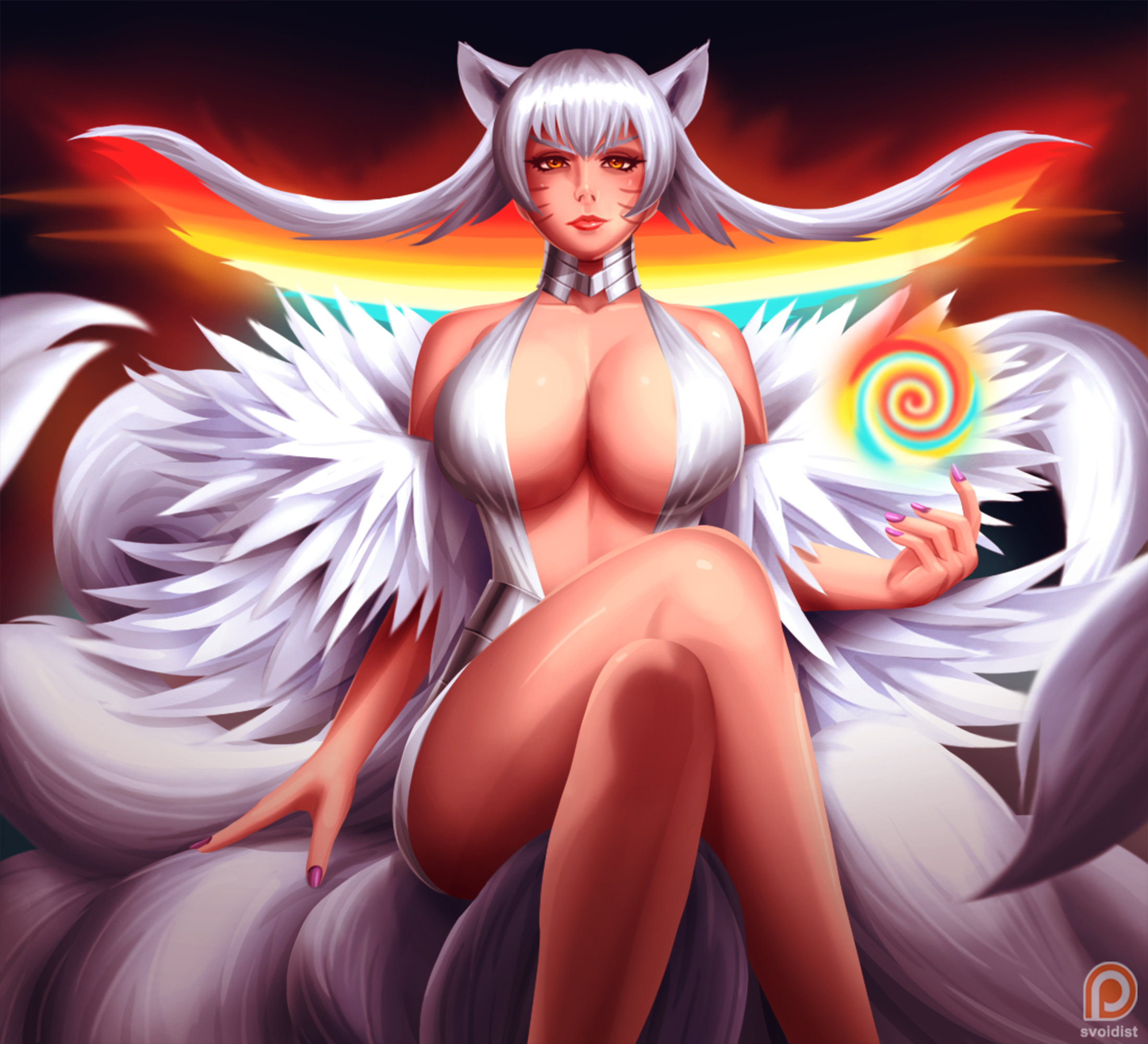 1girls, ahri, ass, bare legs, bare shoulders, blush, breasts, crossed legs, crossover, ears, female, female only, fox, kill la kill, kiryuuin ragyou, large breasts, league of legends, legs, lipstick, long hair, looking at viewer, multi tail, multicolored hair, orange eyes, patreon, rainbow, red lipstick, shiny, shiny skin, sitting, solo, tail, tails, voice actor connection
