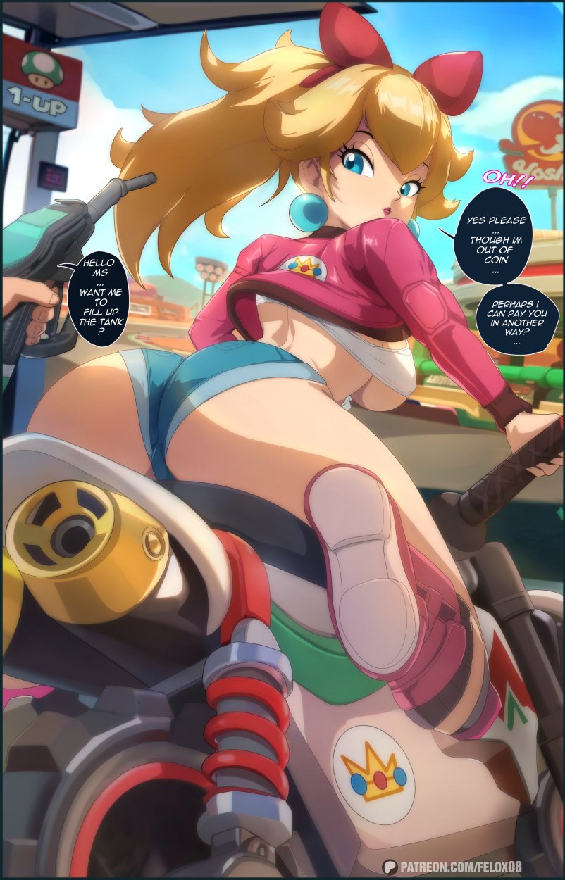 1girls, ass, ass focus, bare legs, bare thighs, big ass, big breasts, big butt, blonde hair, blue eyes, breasts, clothed, clothing, color, english text, felox08, female, female focus, female only, hi res, jean shorts, large breasts, light skin, light-skinned female, long hair, looking at viewer, mario (series), mario kart, mario kart world, motorcycle, nintendo, official alternate costume, princess, princess peach, princess peach (touring), rally bike (mario kart), solo, tagme, text, text bubble, thick thighs, vehicle