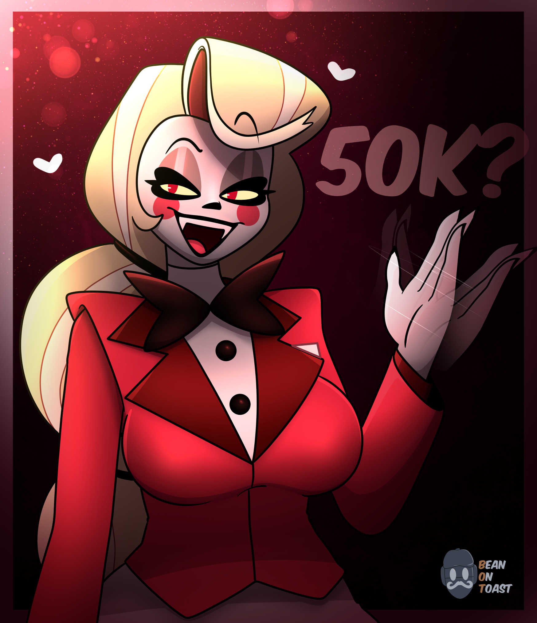 2025, 2d, 2d (artwork), 2d artwork, artist logo, artist name, beanontoast, big breasts, blonde hair, breasts, charlie morningstar (hazbin hotel), demon, demon girl, female, hazbin hotel, light skin, light-skinned female, pointed teeth, red cheeks, red outfit, thick thighs