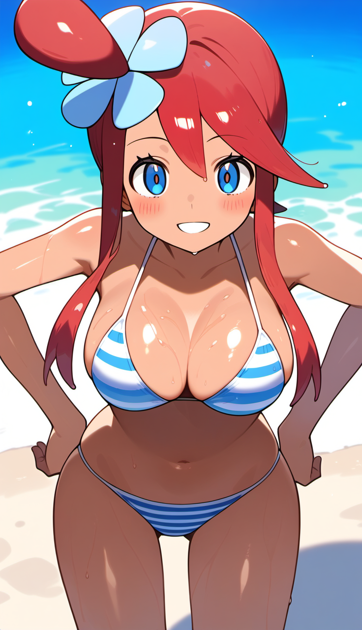 1girls ai_generated big_breasts bikini blue_eyes breasts female female_only large_breasts long_hair red_hair skyla_(pokemon) solo