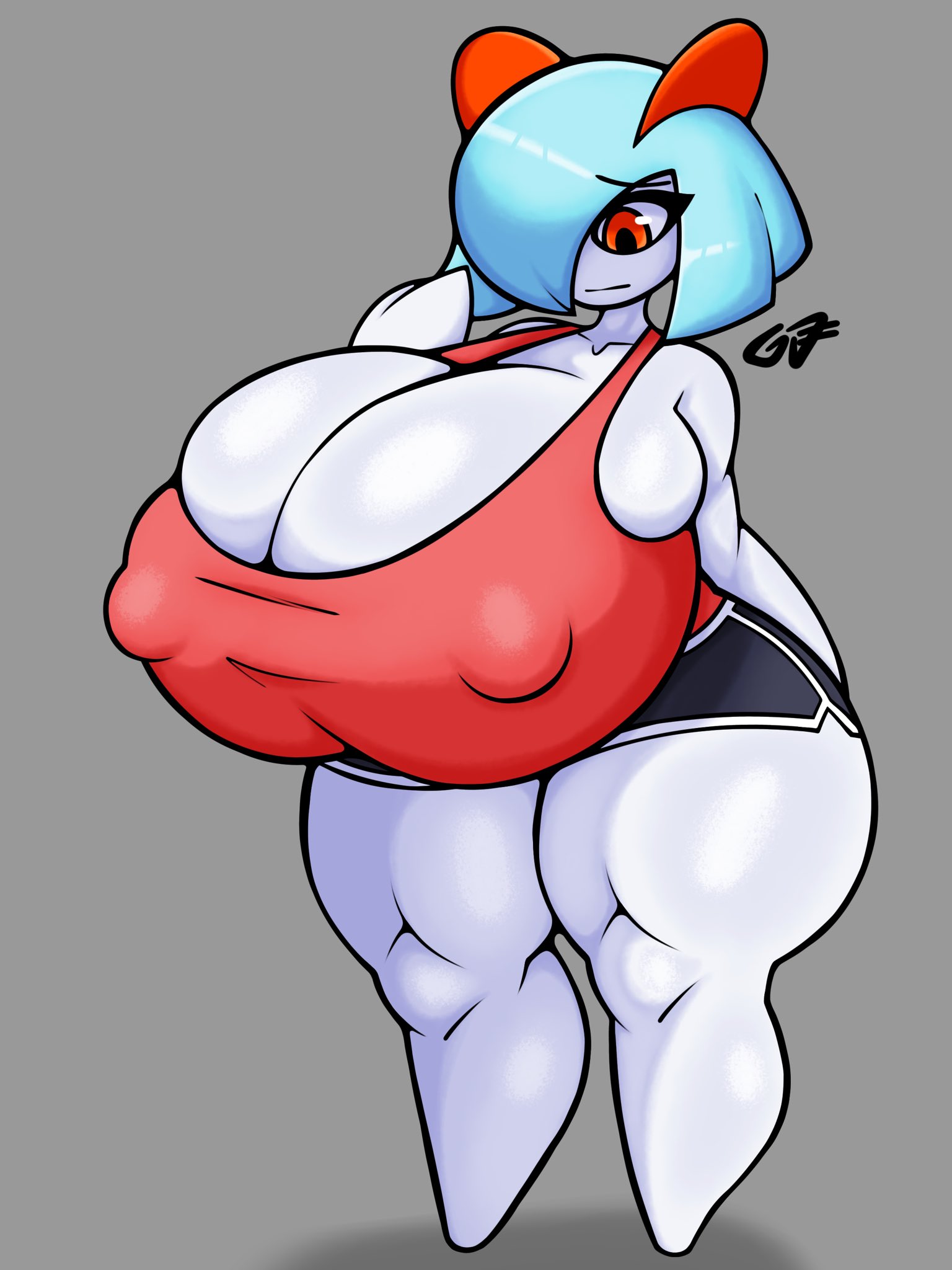 1girls, ass, blue hair, breasts, fat ass, female, grapejuicerulez, huge ass, huge breasts, kirlia, massive breasts, pokemon, pokemon (species), red eyes, red shirt, shiny kirlia, shiny pokemon, tagme, wide hips