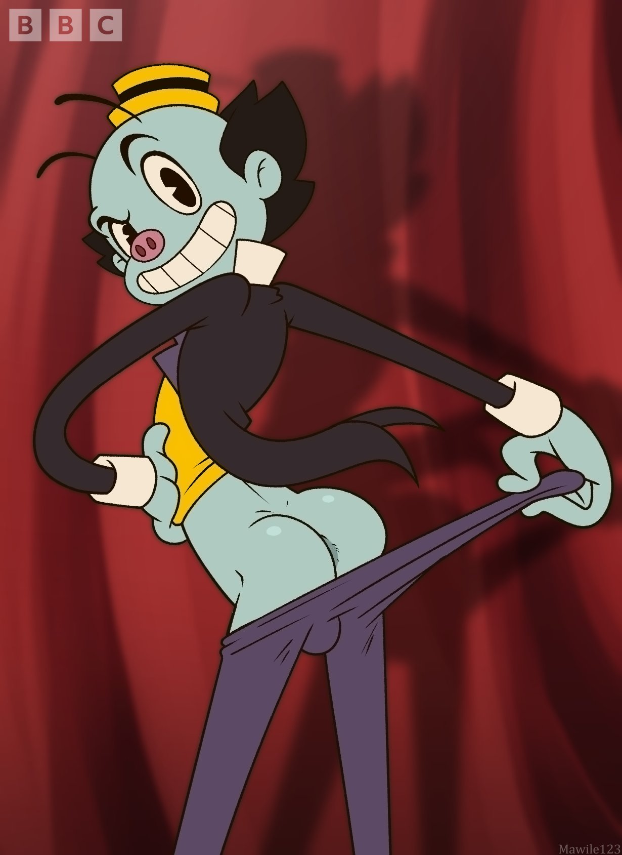 ass, ass up, bean smile, blue skin, cartoon, cartoony, doctor who, male, male only, mawile123, mr ring-a-ding, showing ass, tagme, teeth, yellow hat