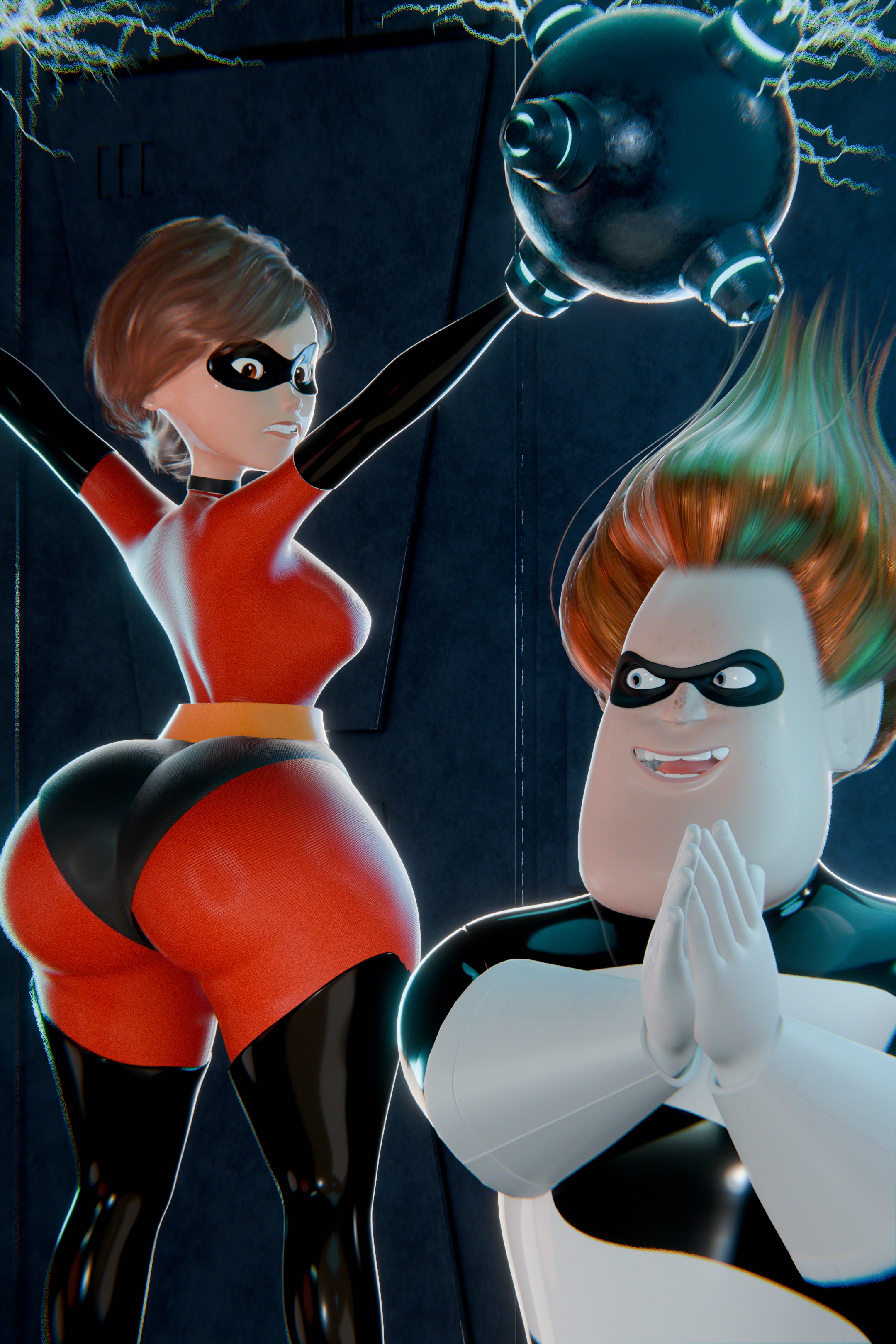 1boy, 1girls, 3d, ass, big ass, bondage, brown hair, captured, captured heroine, conjugal slavery, defeated, defeated heroine, disney, elastigirl, female, female focus, helen parr, huge ass, imminent rape, male, mature female, milf, mother, mrvector 3d, pixar, syndrome, the incredibles