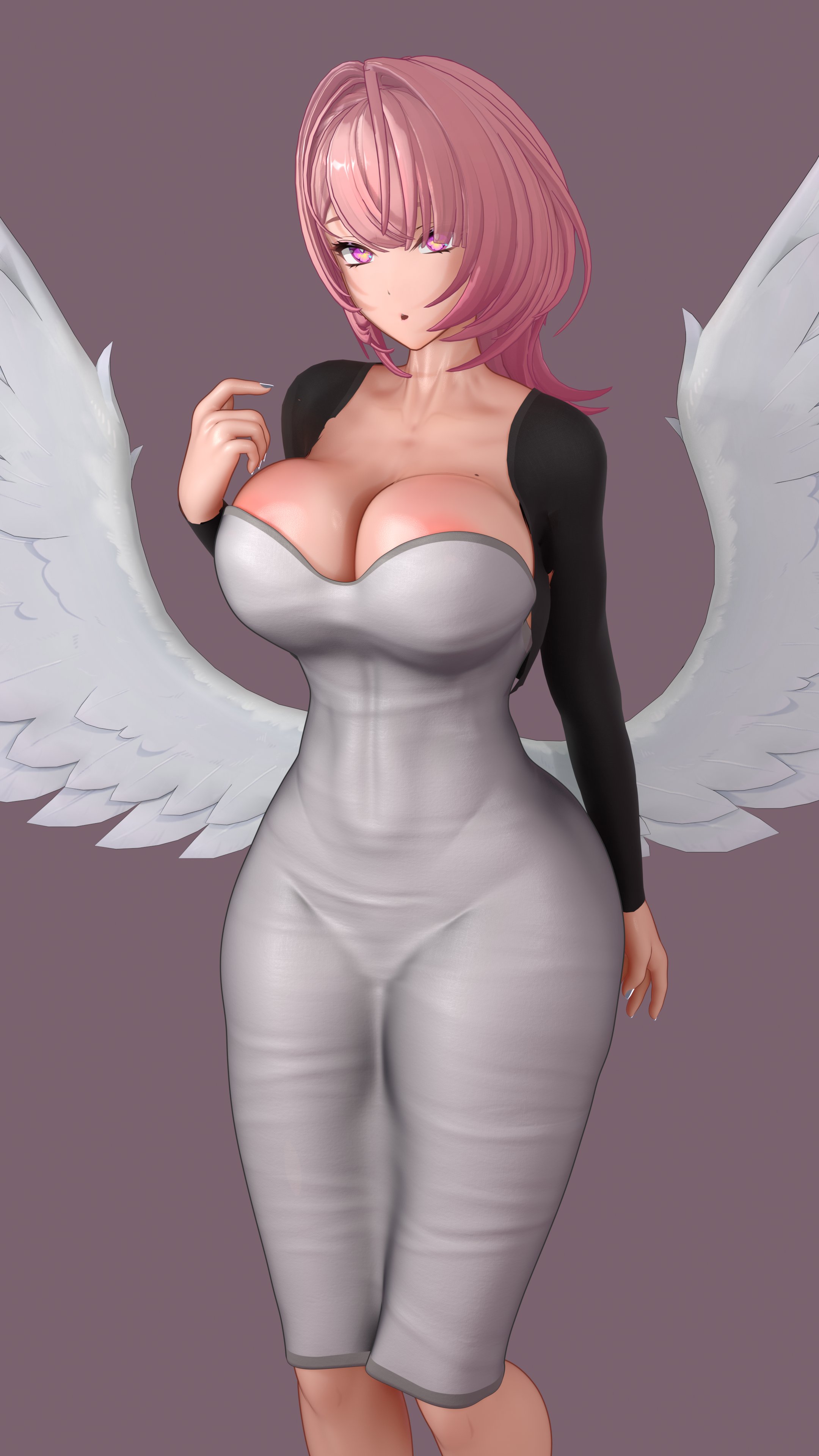 1female, 3dessjit, big breasts, child bearing hips, colored nails, confused expression, dongtan dress, female only, girl, long nails, looking at viewer, nail polish, painted nails, pink hair, remielle dan, silver nails, solo female, thick thighs, wide hips, zenless zone zero