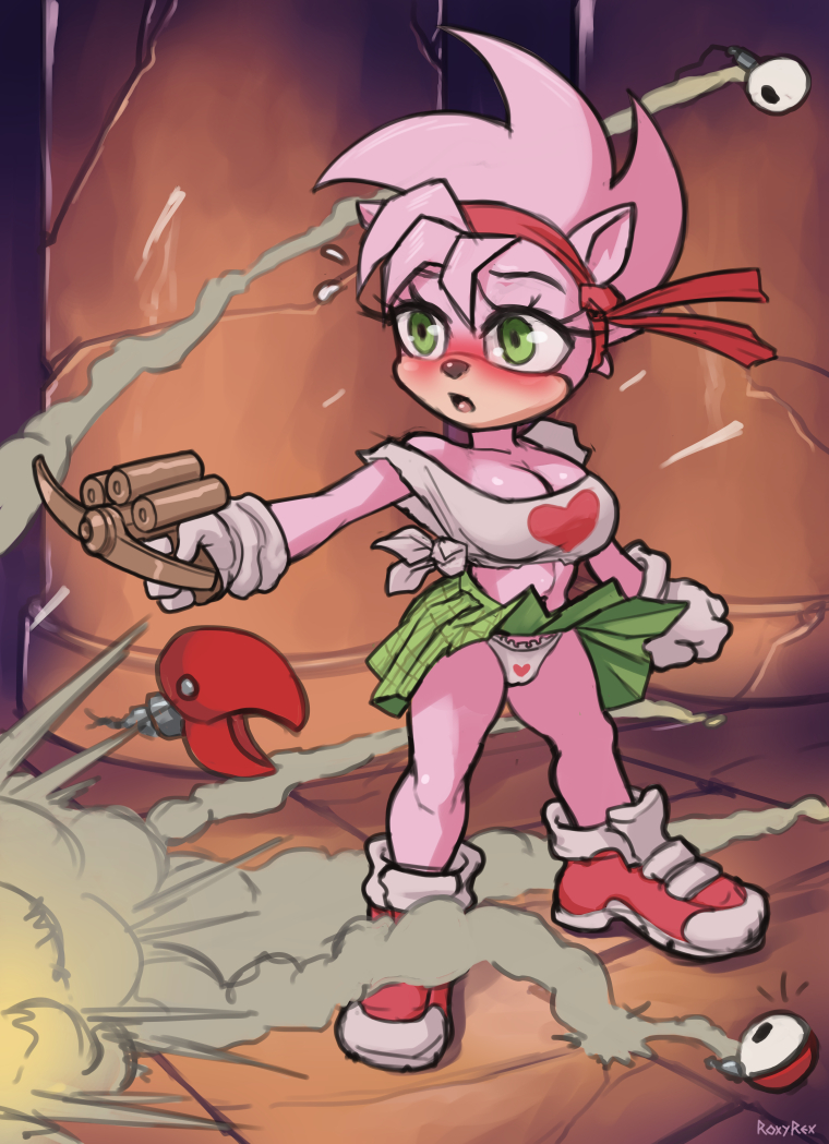 2023 amy_rose amy_rose_(fleetway) anthro black_nose blush breasts cleavage explosion female female_only fleetway_comics gloves green_eyes green_skirt heart_symbol panties pink_fur red_headband red_shoes roxyrex skirt smoke sonic_(series) sonic_the_comic sonic_the_hedgehog_(comics) sonic_the_hedgehog_(series) white_shirt white_topwear